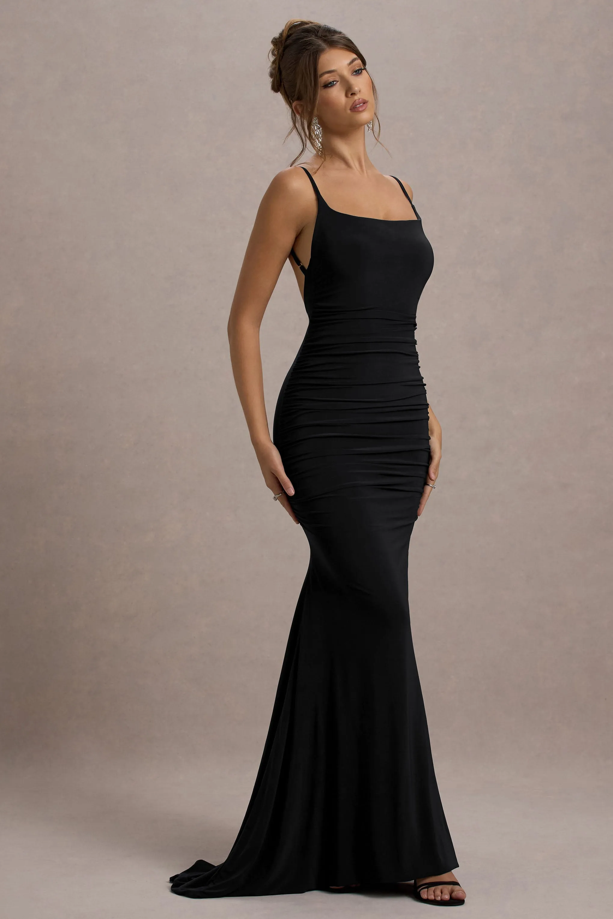 Adele | Black Ruched Fishtail Cami Maxi Dress Club L London