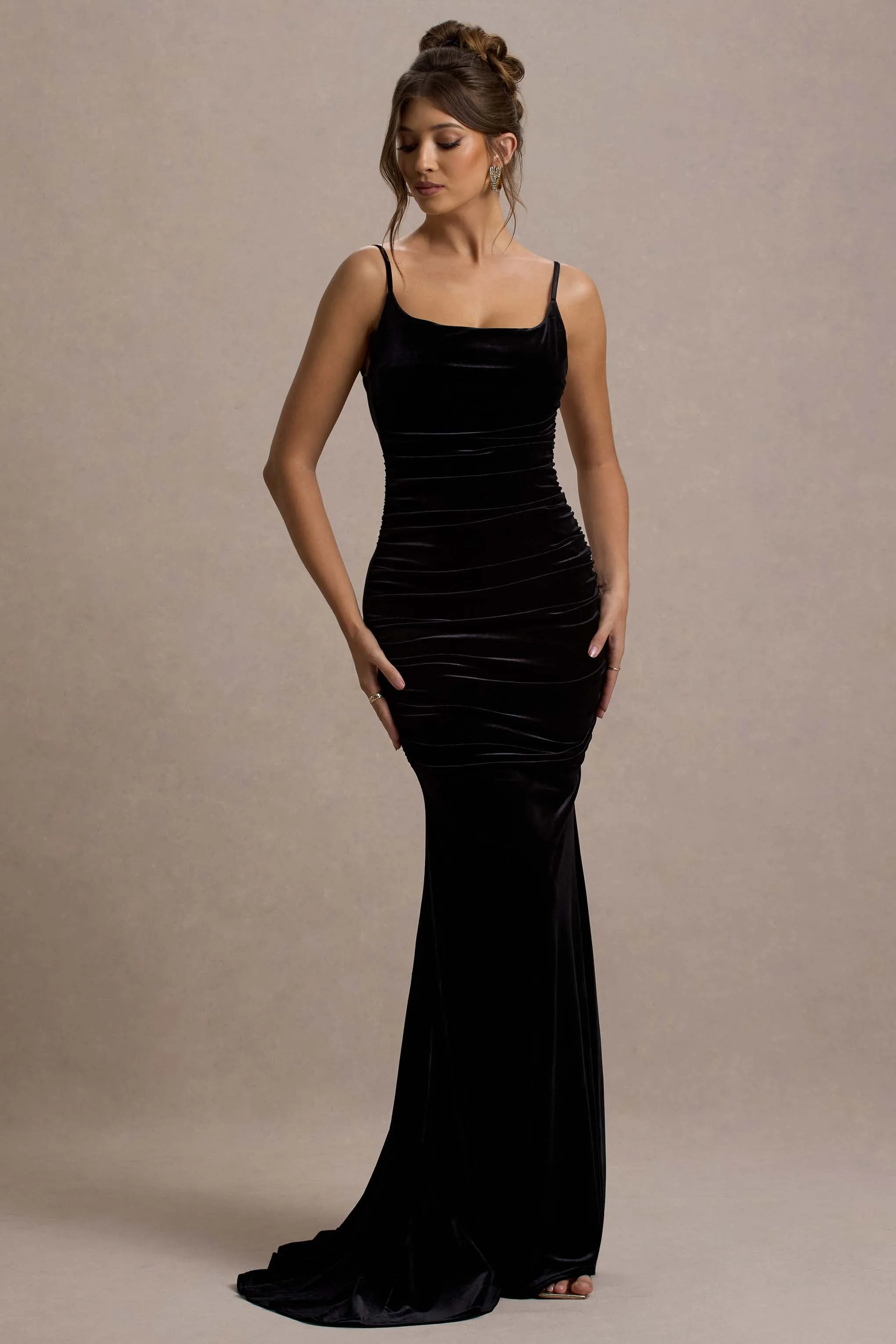 Adele | Black Velvet Ruched Strappy Fishtail Maxi Dress Club L London