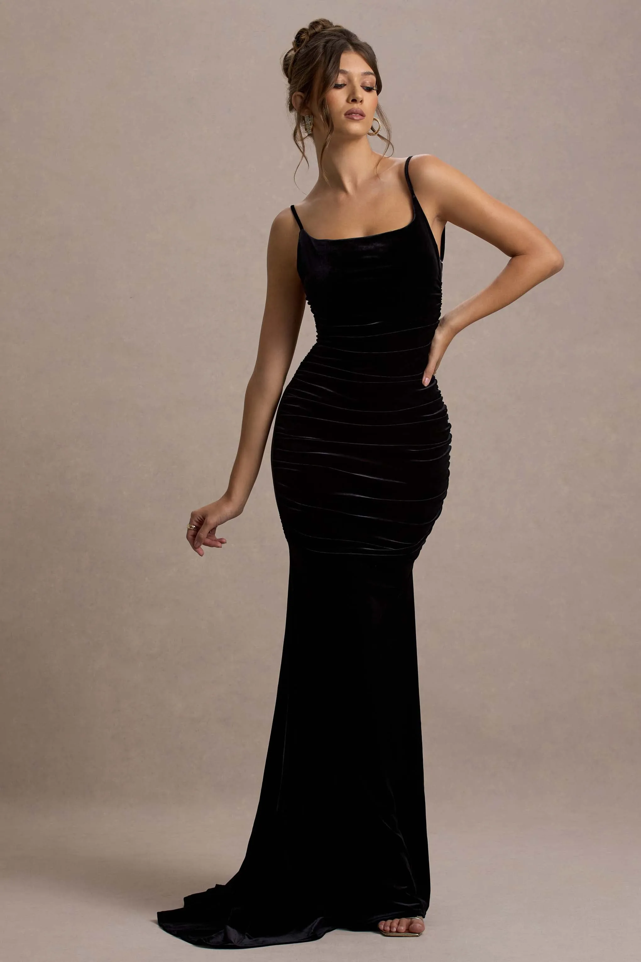 Adele | Black Velvet Ruched Strappy Fishtail Maxi Dress Club L London