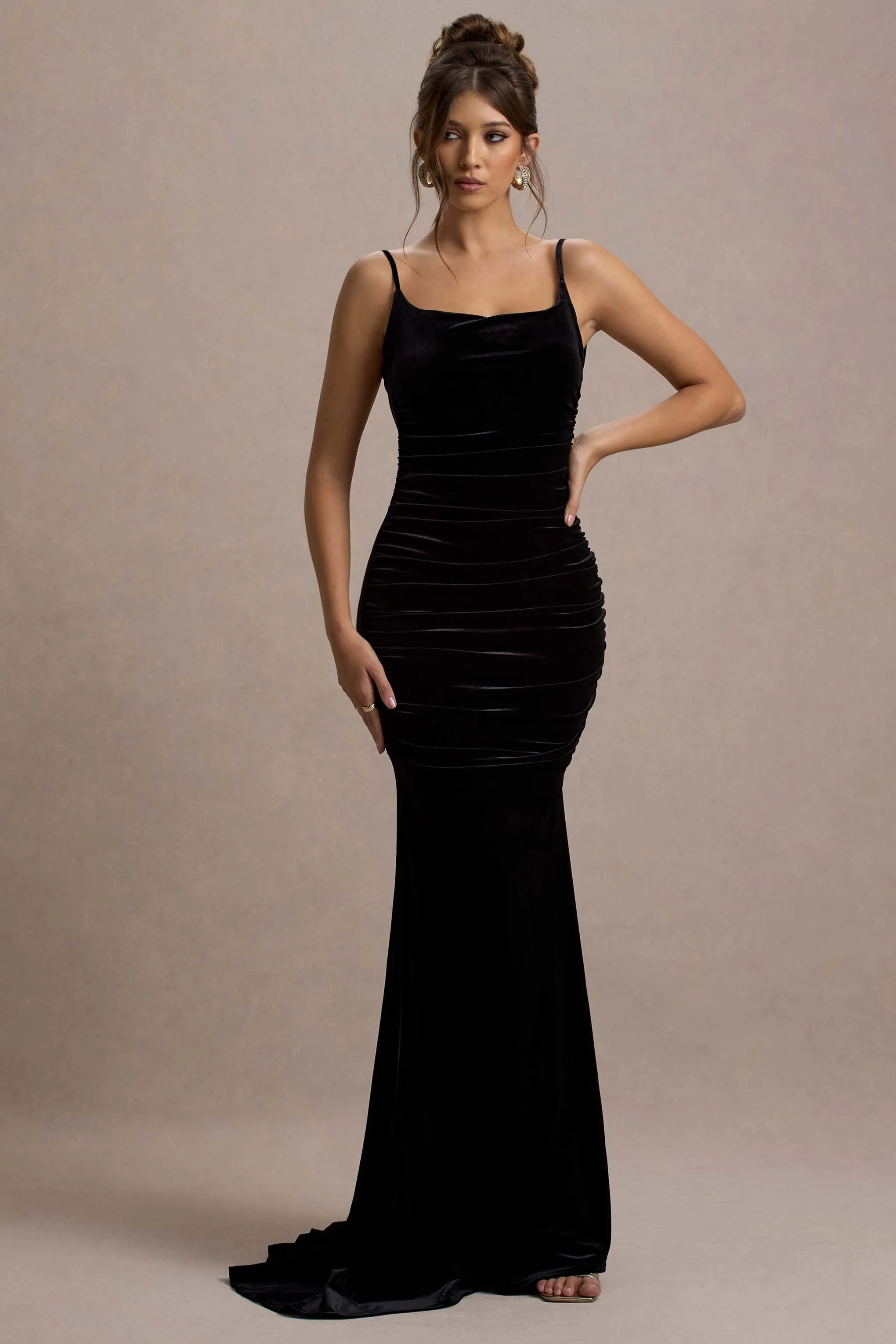 Adele | Black Velvet Ruched Strappy Fishtail Maxi Dress Club L London