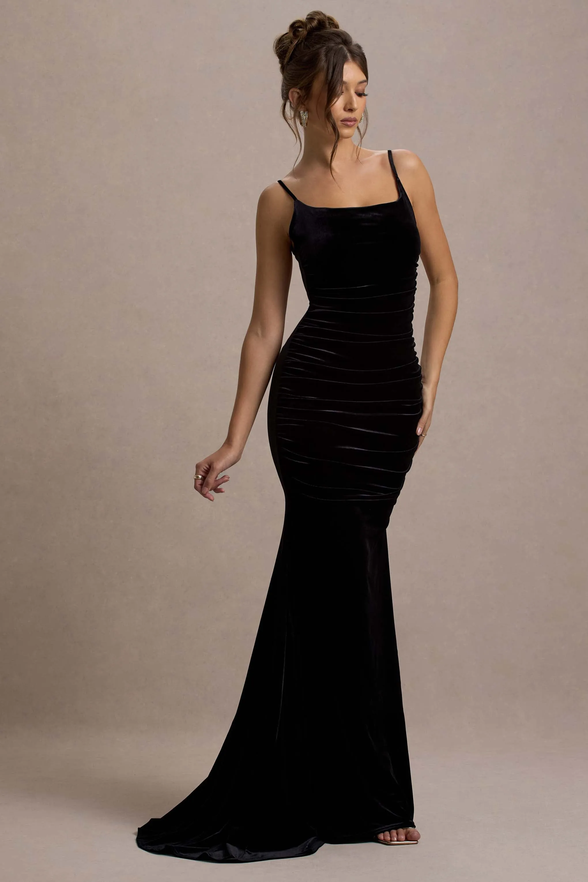 Adele | Black Velvet Ruched Strappy Fishtail Maxi Dress Club L London