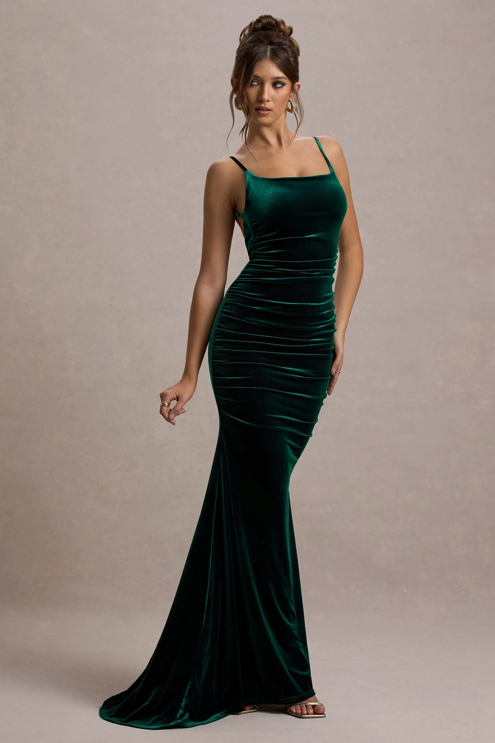 Adele | Bottle Green Velvet Ruched Strappy Fishtail Maxi Dress Club L London