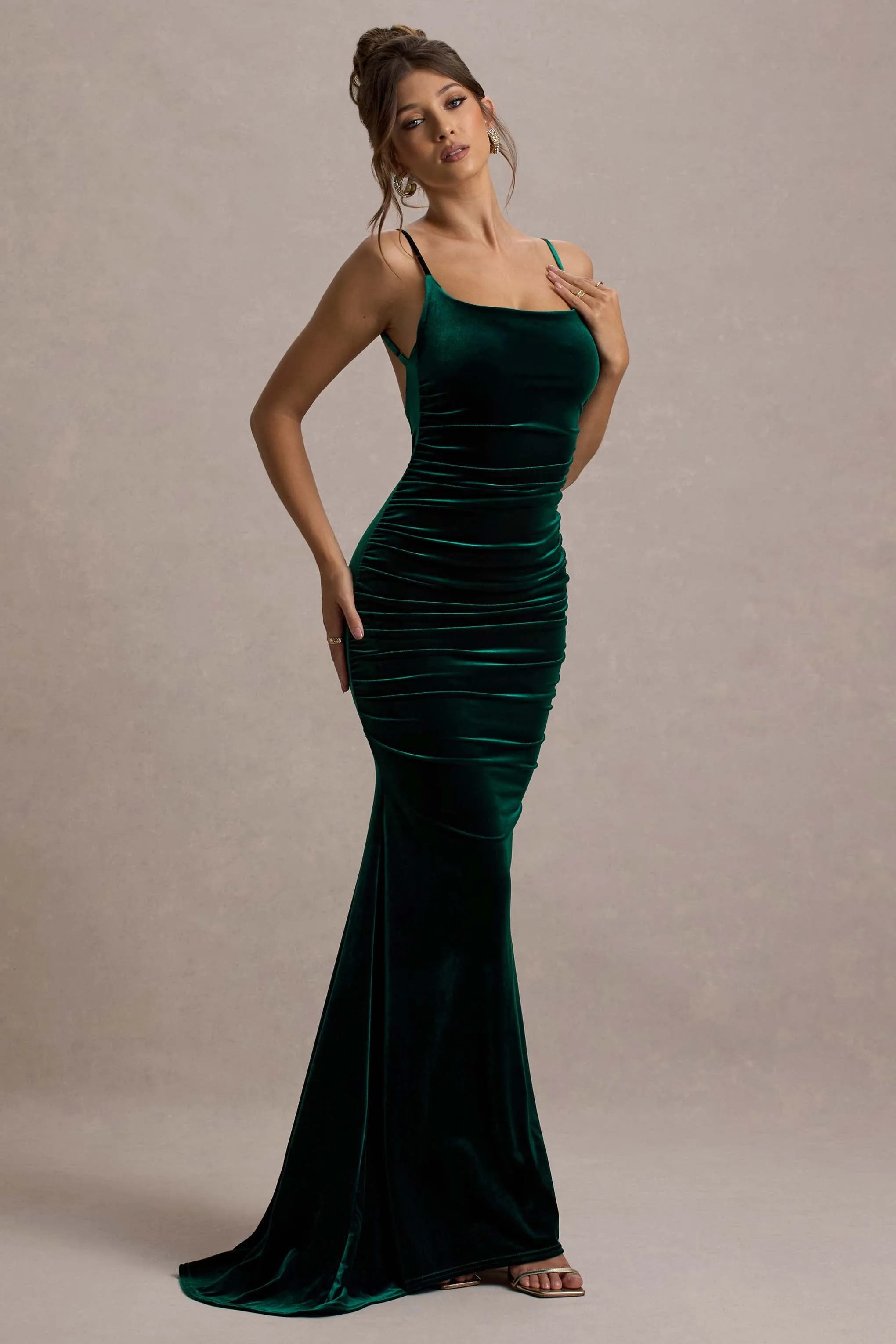 Adele | Bottle Green Velvet Ruched Strappy Fishtail Maxi Dress Club L London