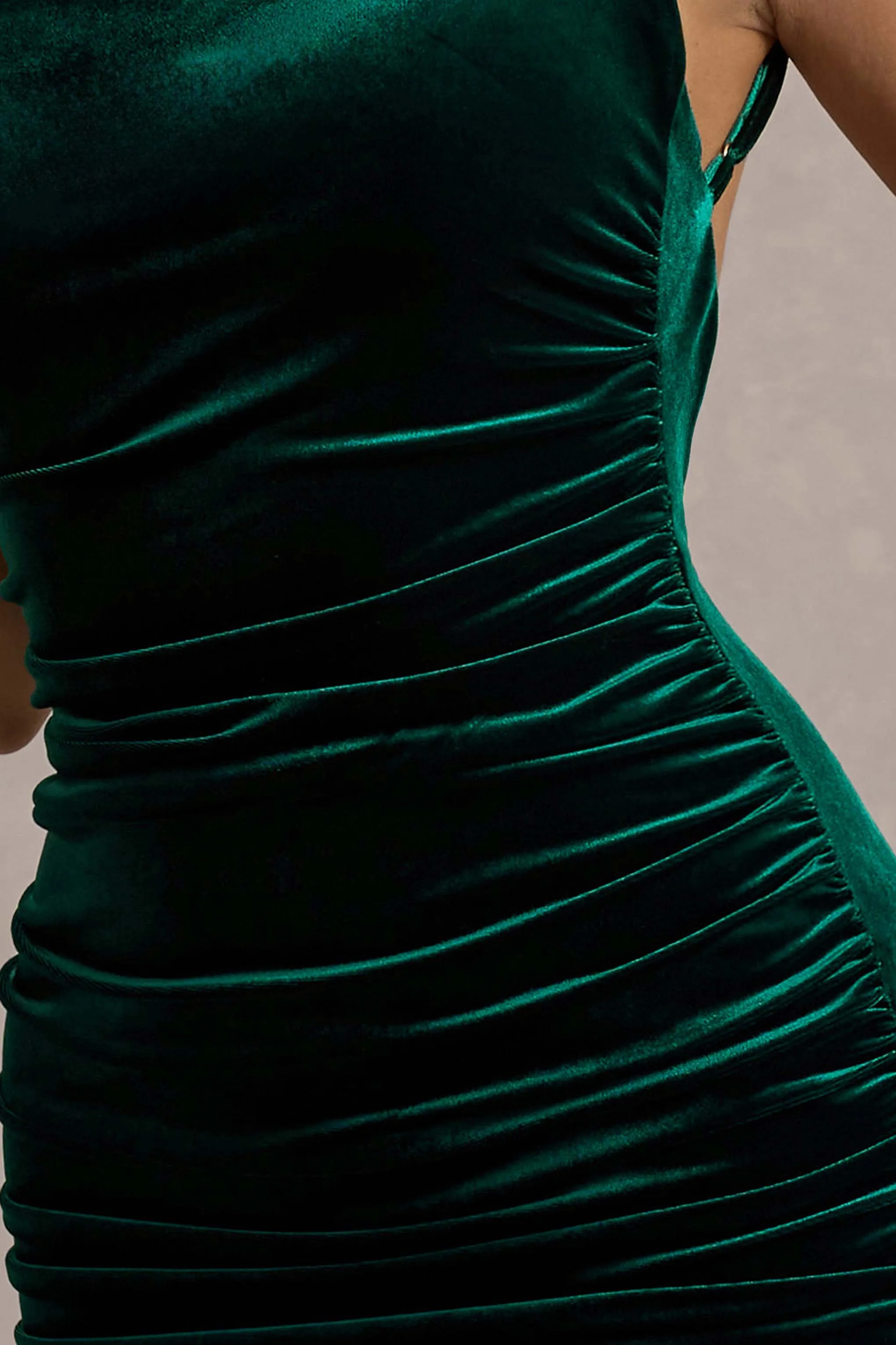 Adele | Bottle Green Velvet Ruched Strappy Fishtail Maxi Dress Club L London