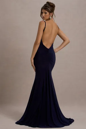 Adele | Navy Backless Ruched Fishtail Cami Maxi Dress Club L London