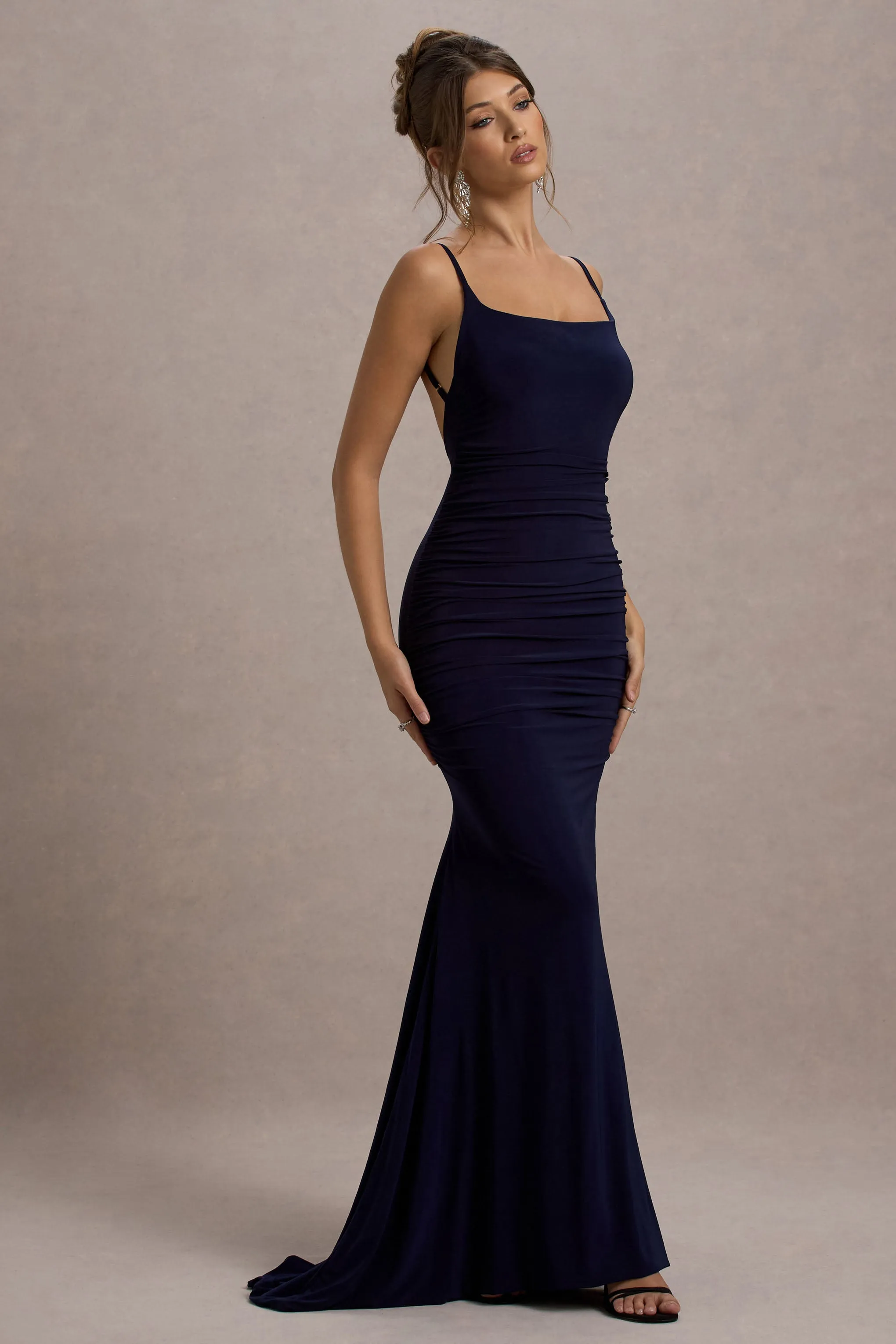 Adele | Navy Backless Ruched Fishtail Cami Maxi Dress Club L London