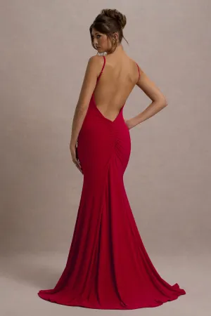 Adele | Red Ruched Fishtail Cami Maxi Dress Club L London