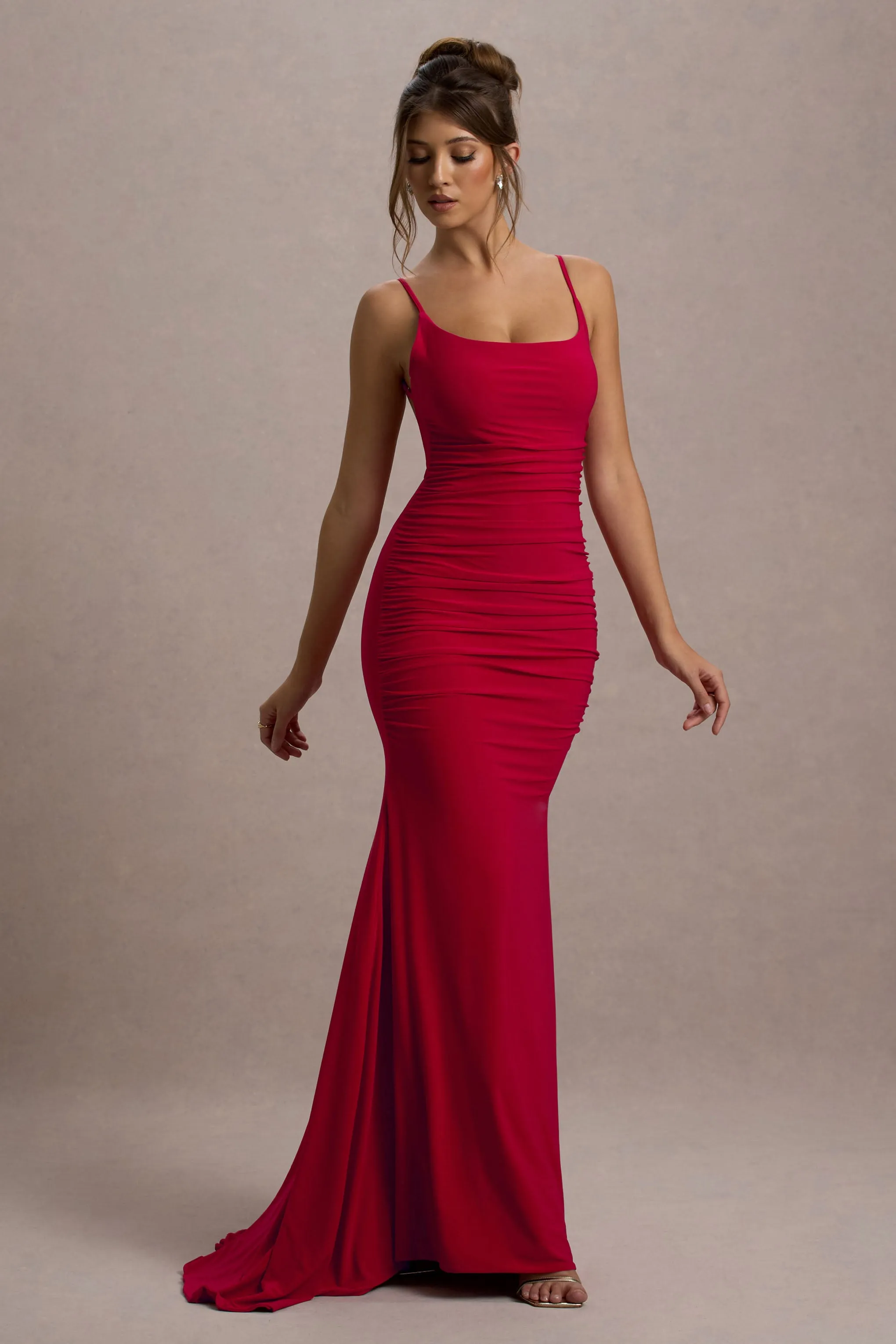 Adele | Red Ruched Fishtail Cami Maxi Dress Club L London
