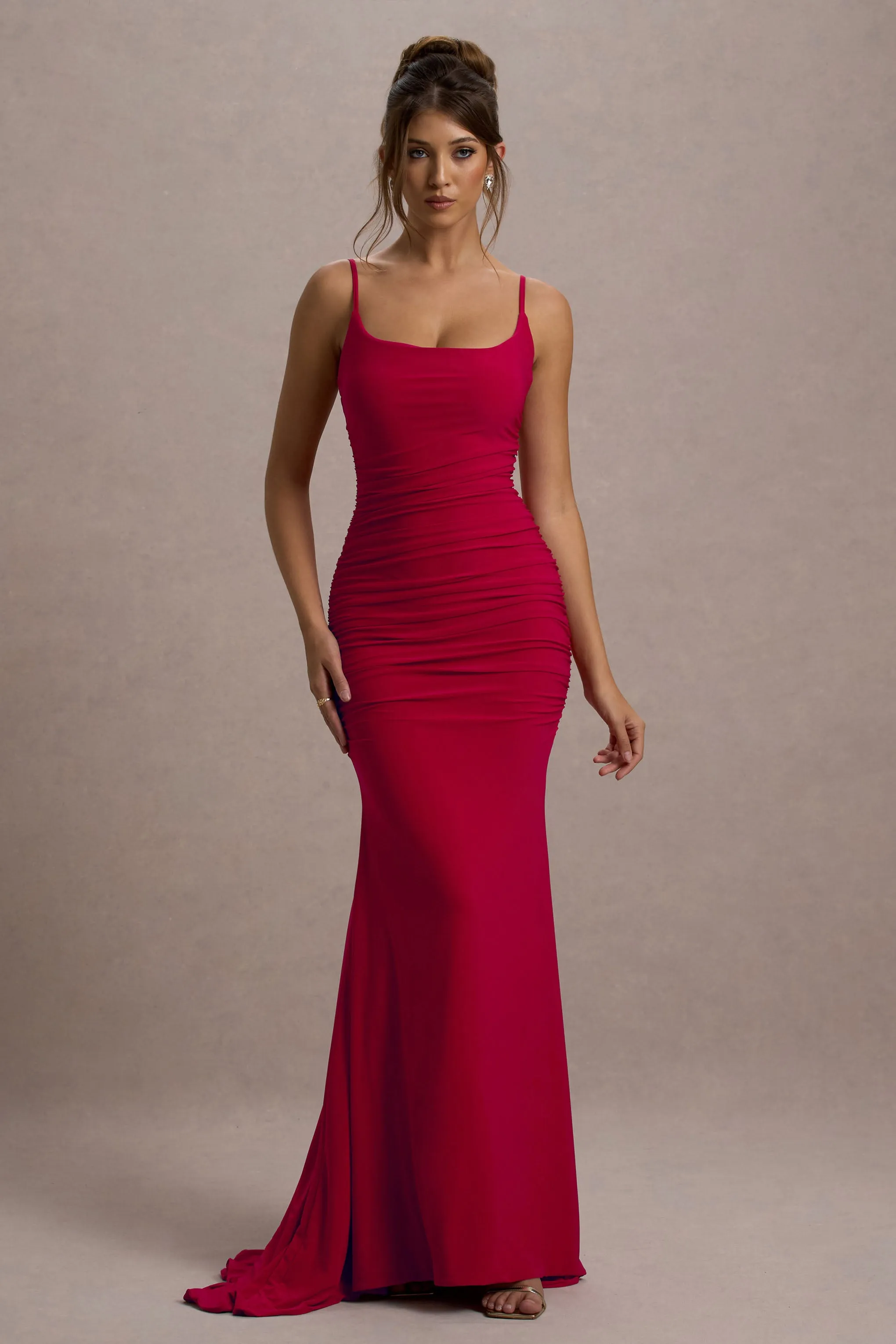 Adele | Red Ruched Fishtail Cami Maxi Dress Club L London