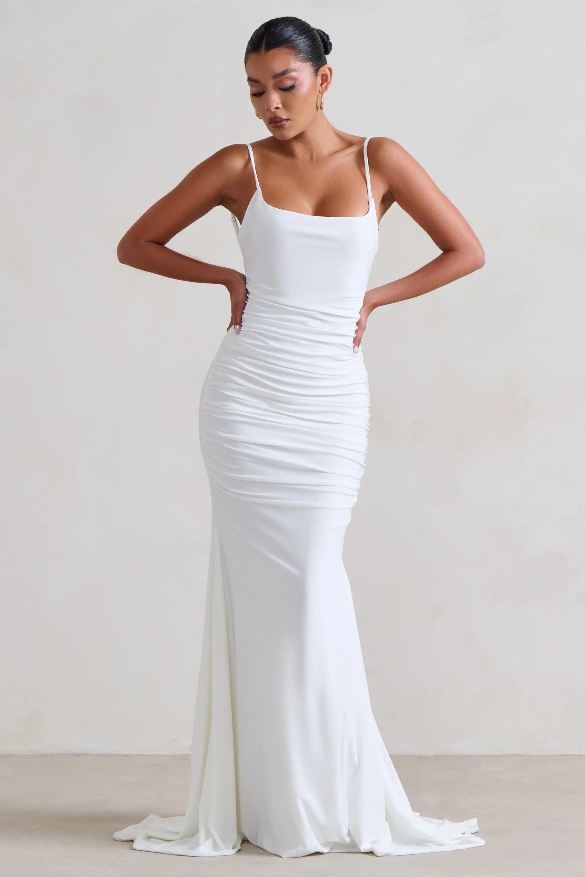 Adele | White Ruched Fishtail Cami Maxi Dress Club L London