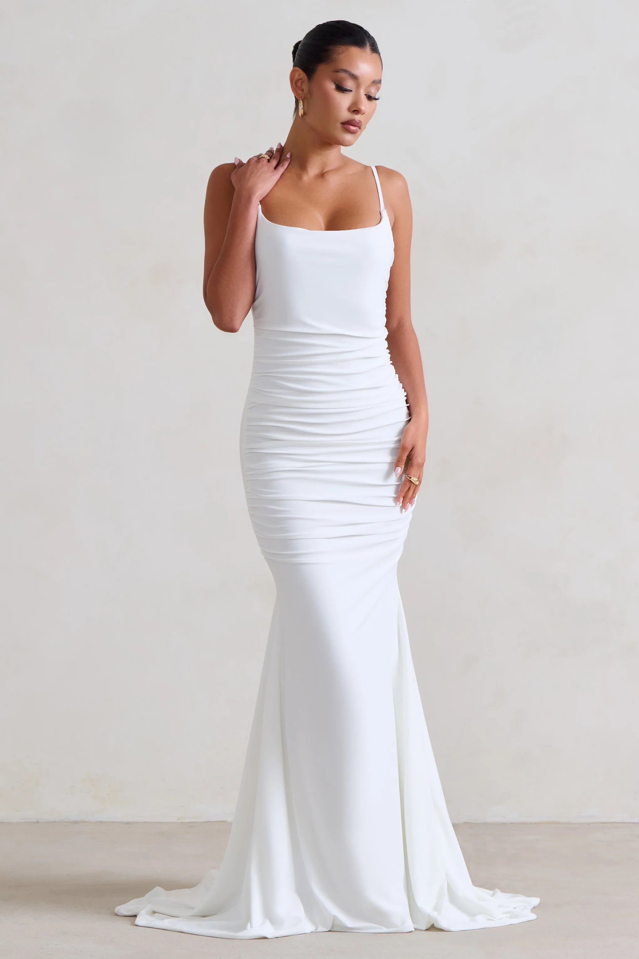 Adele | White Ruched Fishtail Cami Maxi Dress Club L London