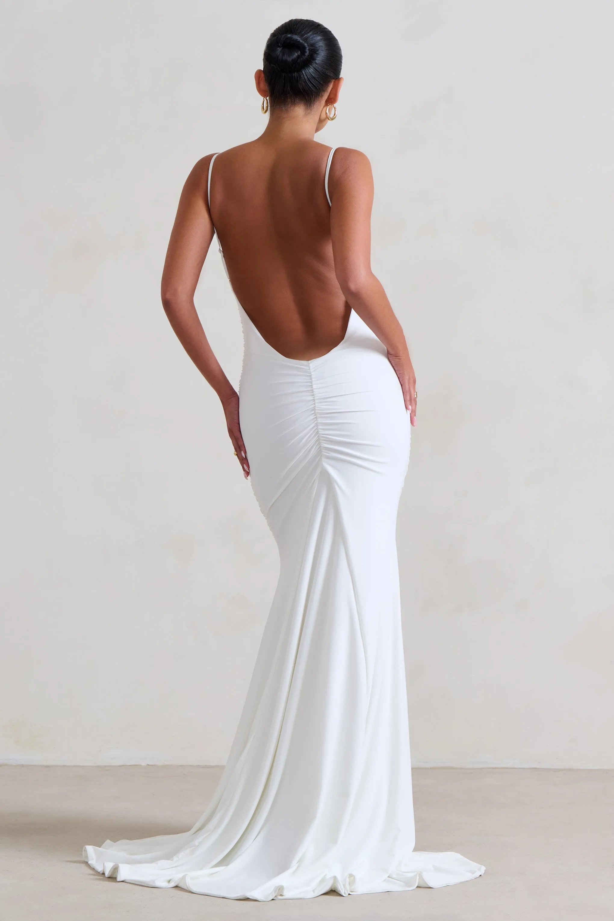 Adele | White Ruched Fishtail Cami Maxi Dress Club L London