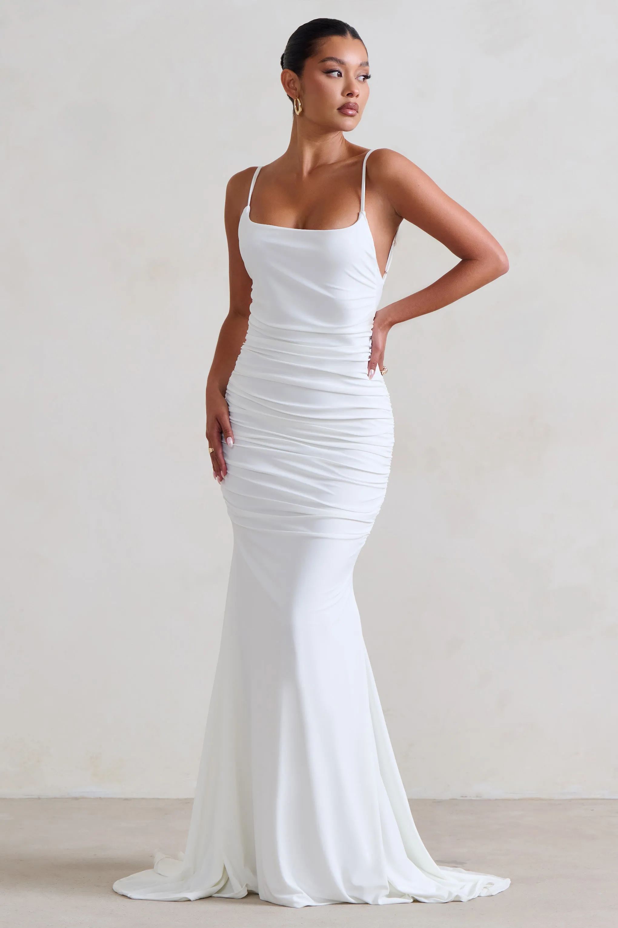 Adele | White Ruched Fishtail Cami Maxi Dress Club L London