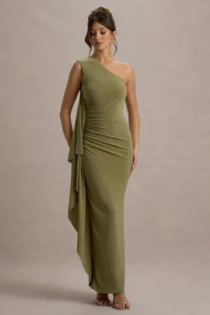 Adelina | Olive One-Shoulder Maxi Dress With Drape Club L London