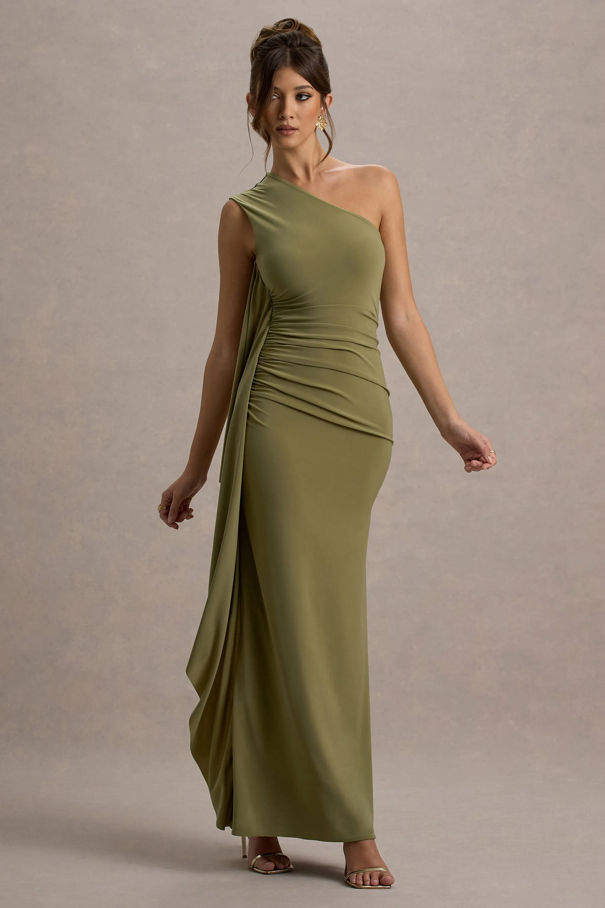 Adelina | Olive One-Shoulder Maxi Dress With Drape Club L London