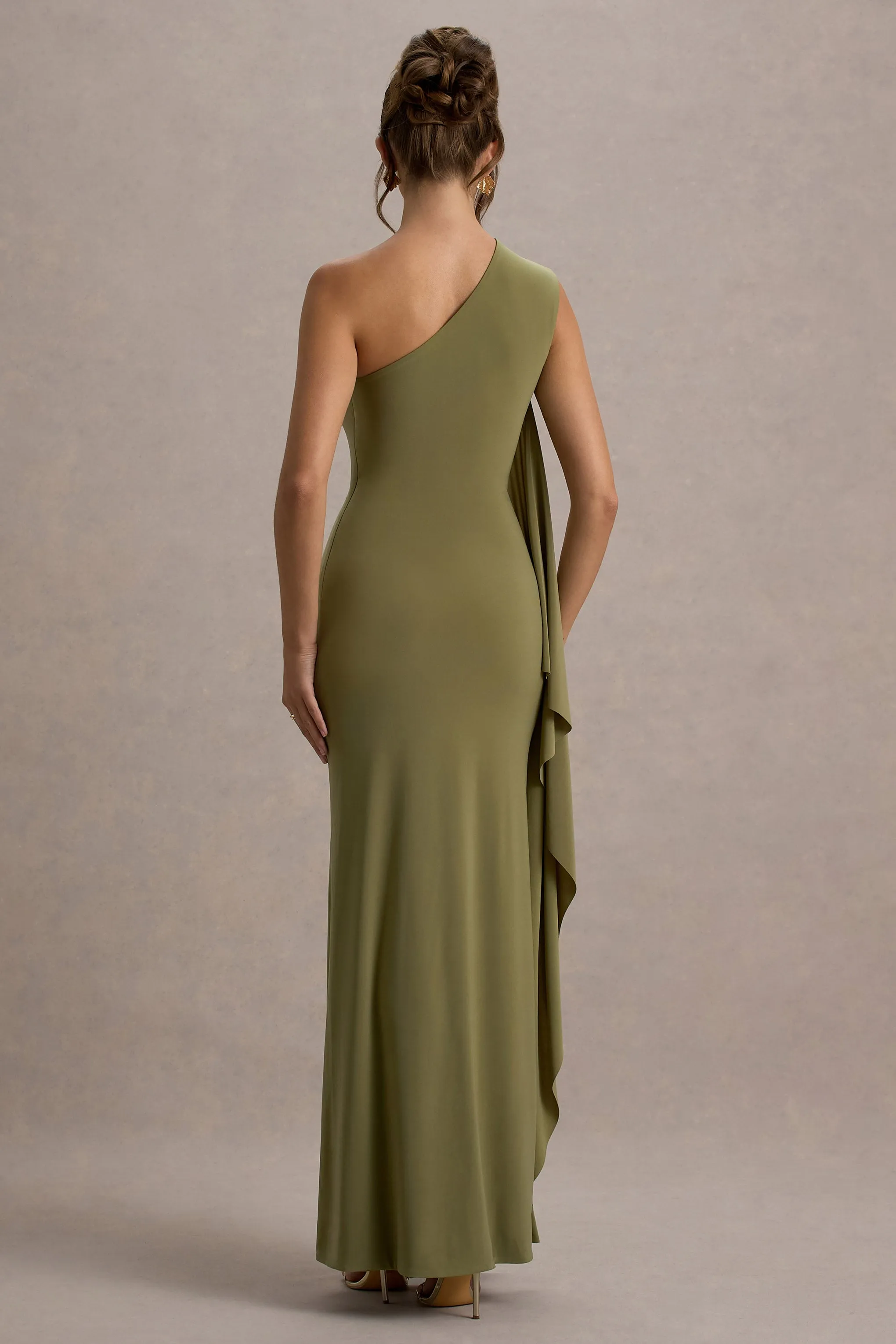 Adelina | Olive One-Shoulder Maxi Dress With Drape Club L London