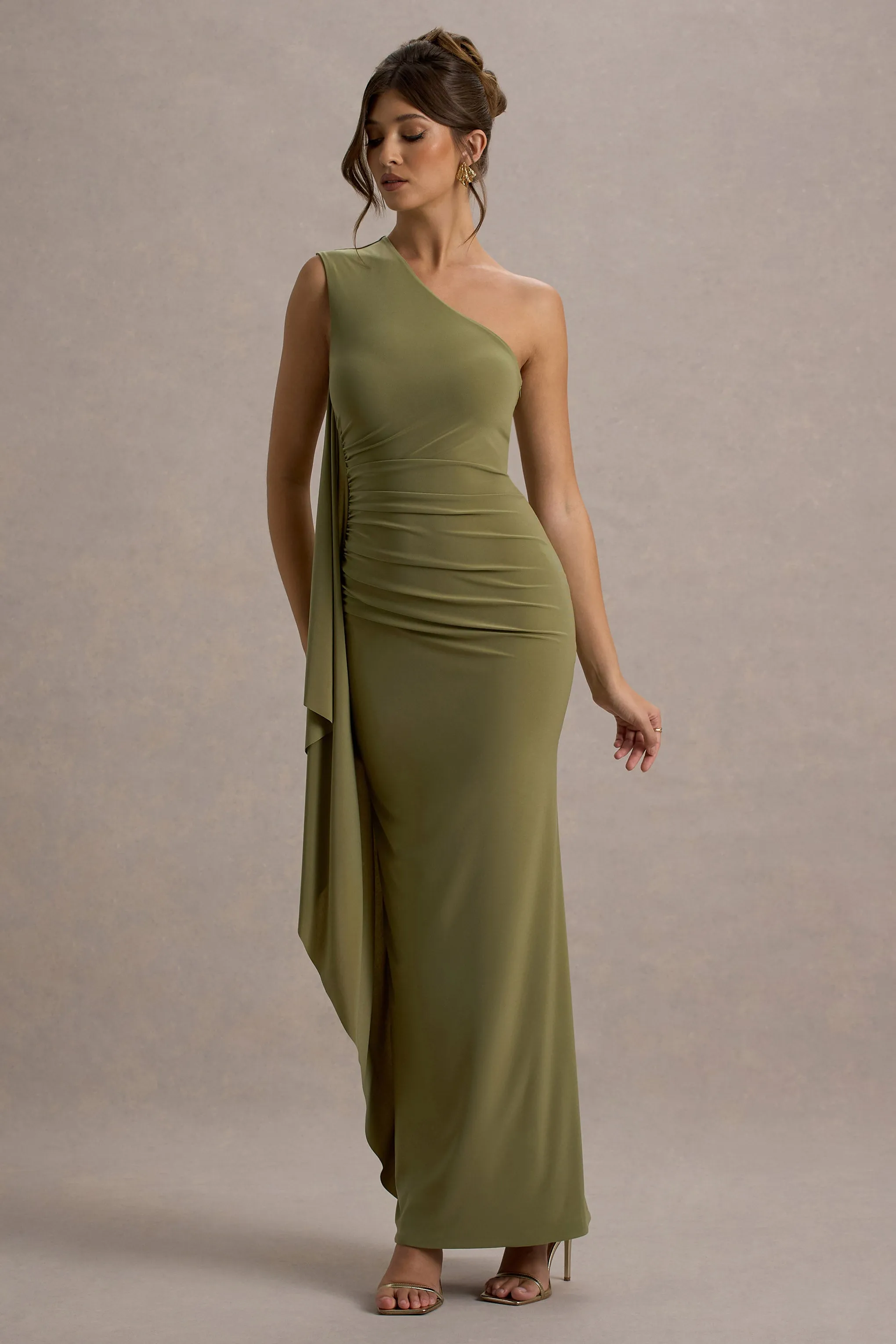 Adelina | Olive One-Shoulder Maxi Dress With Drape Club L London
