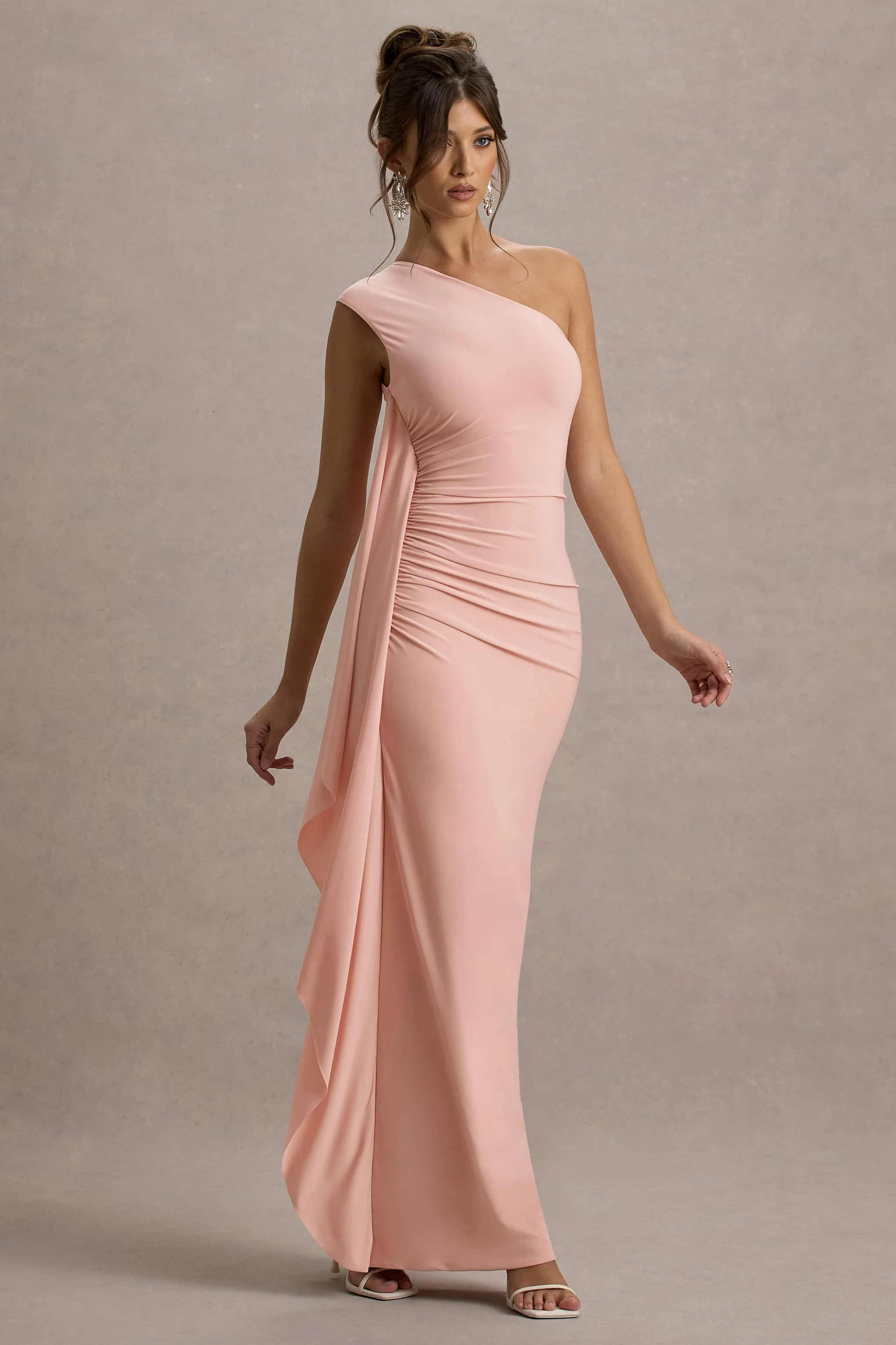 Adelina | Pink One-Shoulder Maxi Dress With Drape Club L London