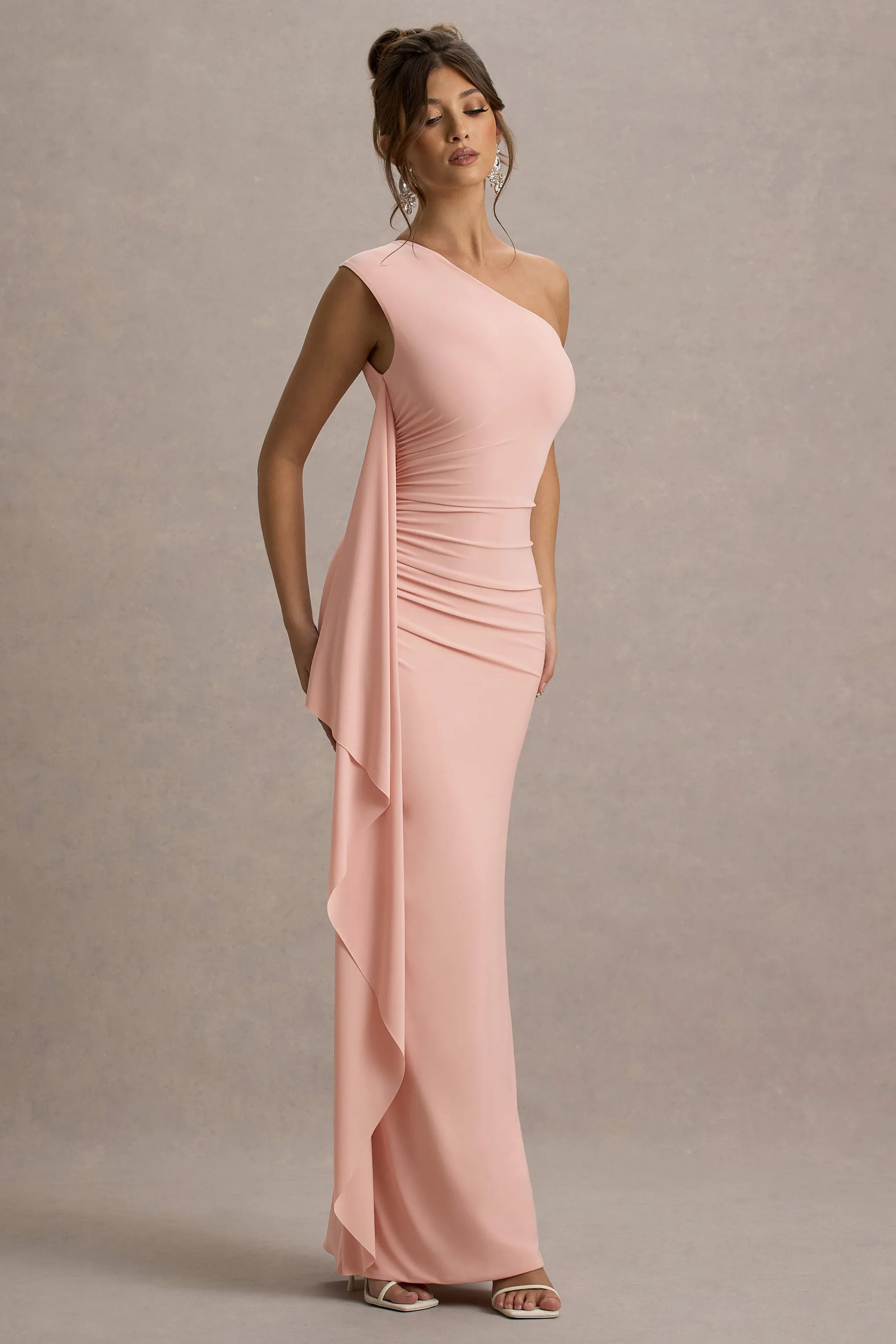 Adelina | Pink One-Shoulder Maxi Dress With Drape Club L London