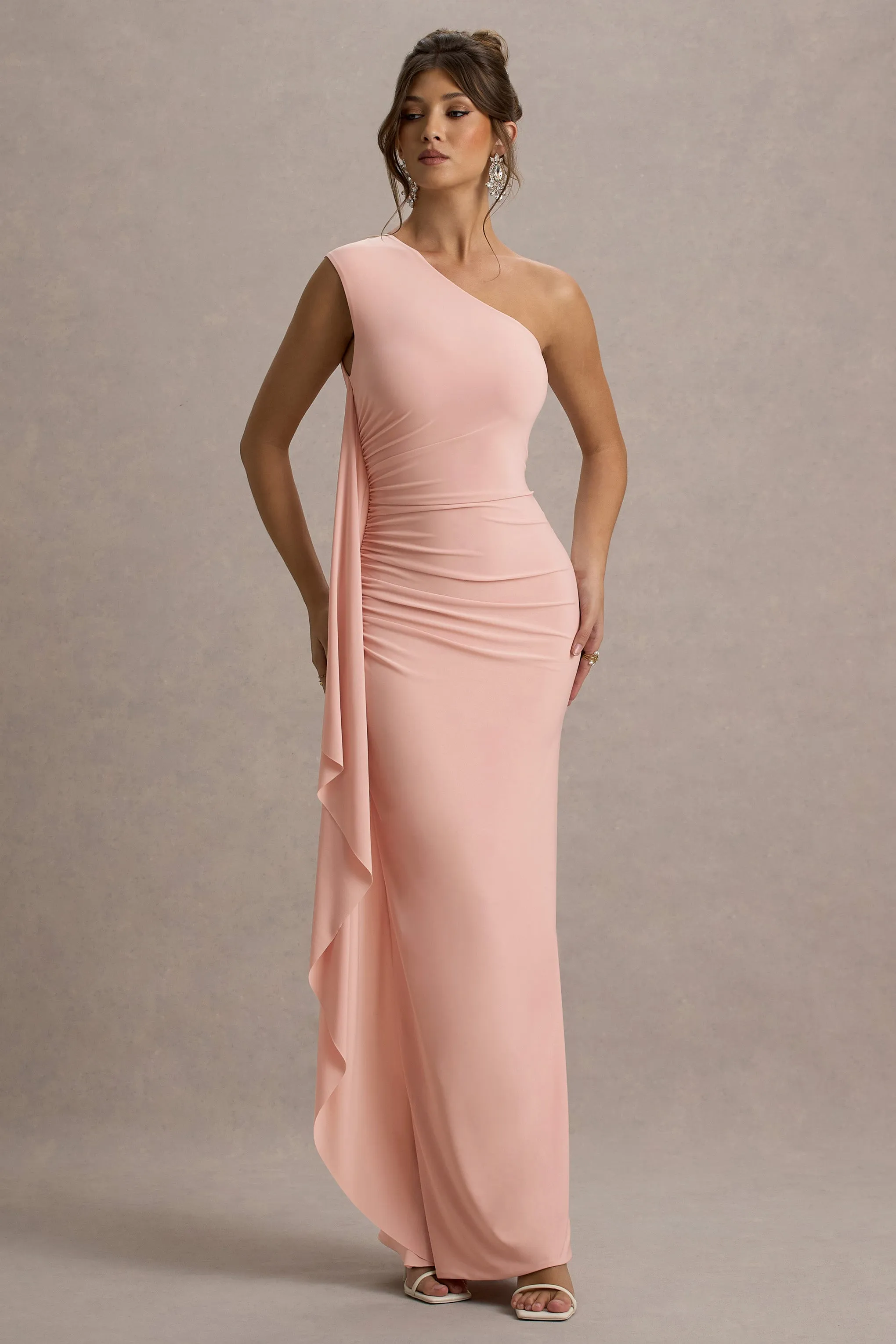 Adelina | Pink One-Shoulder Maxi Dress With Drape Club L London