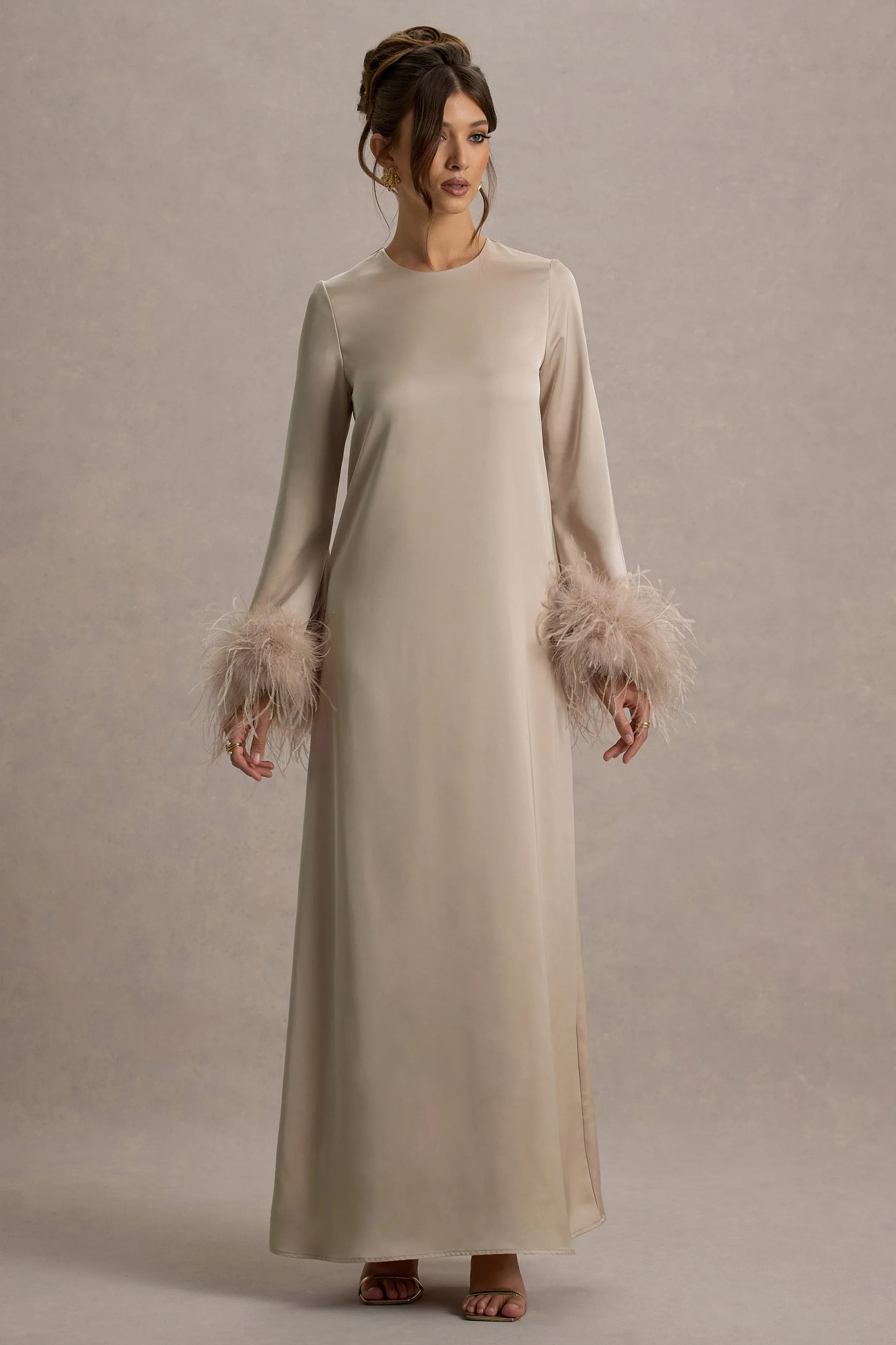 Adella | Champagne Satin Feather-Trim Maxi Dress Club L London