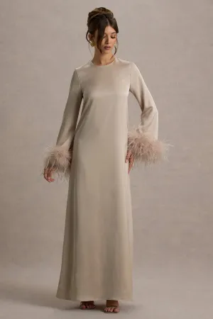 Adella | Champagne Satin Feather-Trim Maxi Dress Club L London