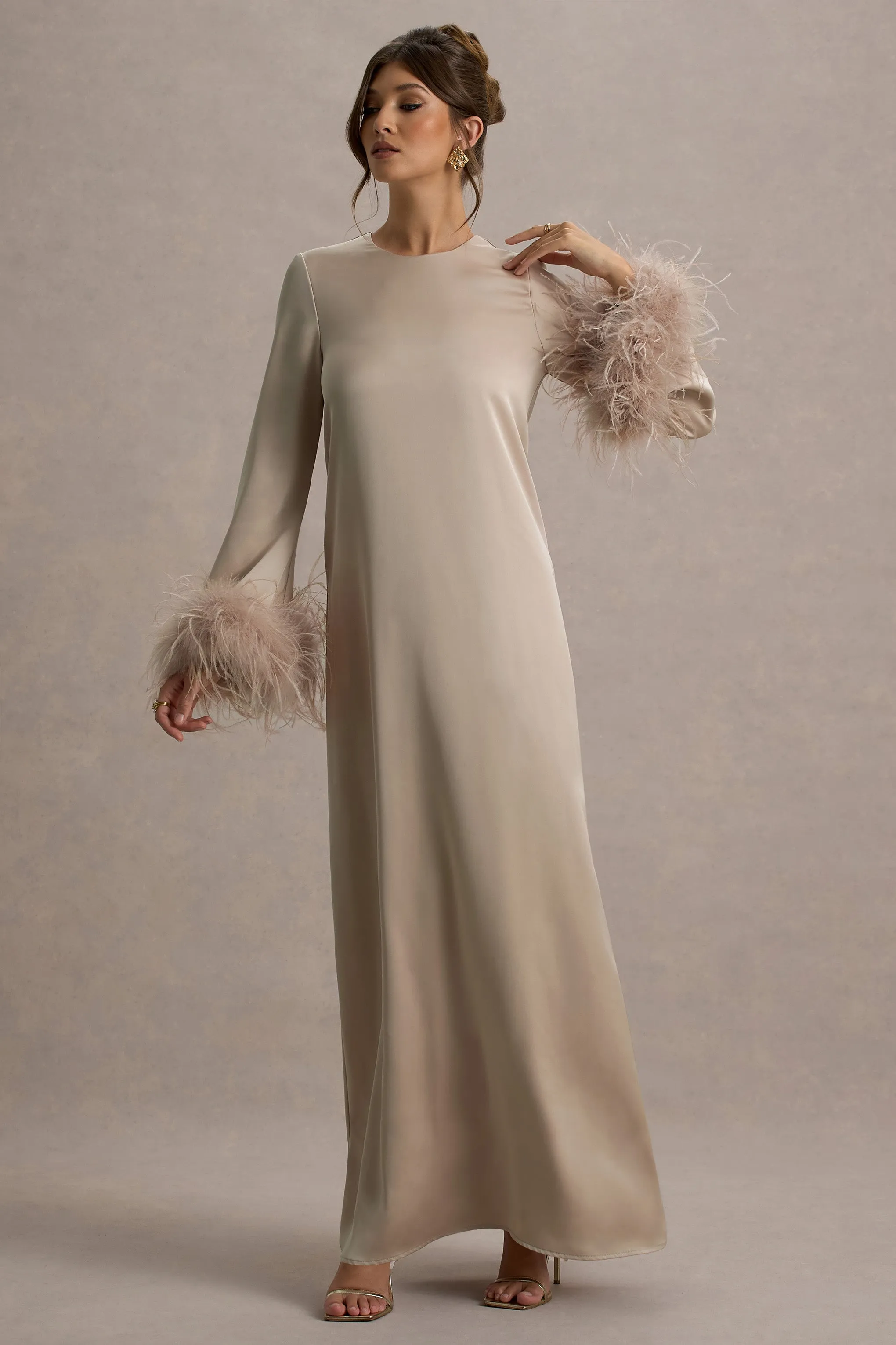 Adella | Champagne Satin Feather-Trim Maxi Dress Club L London