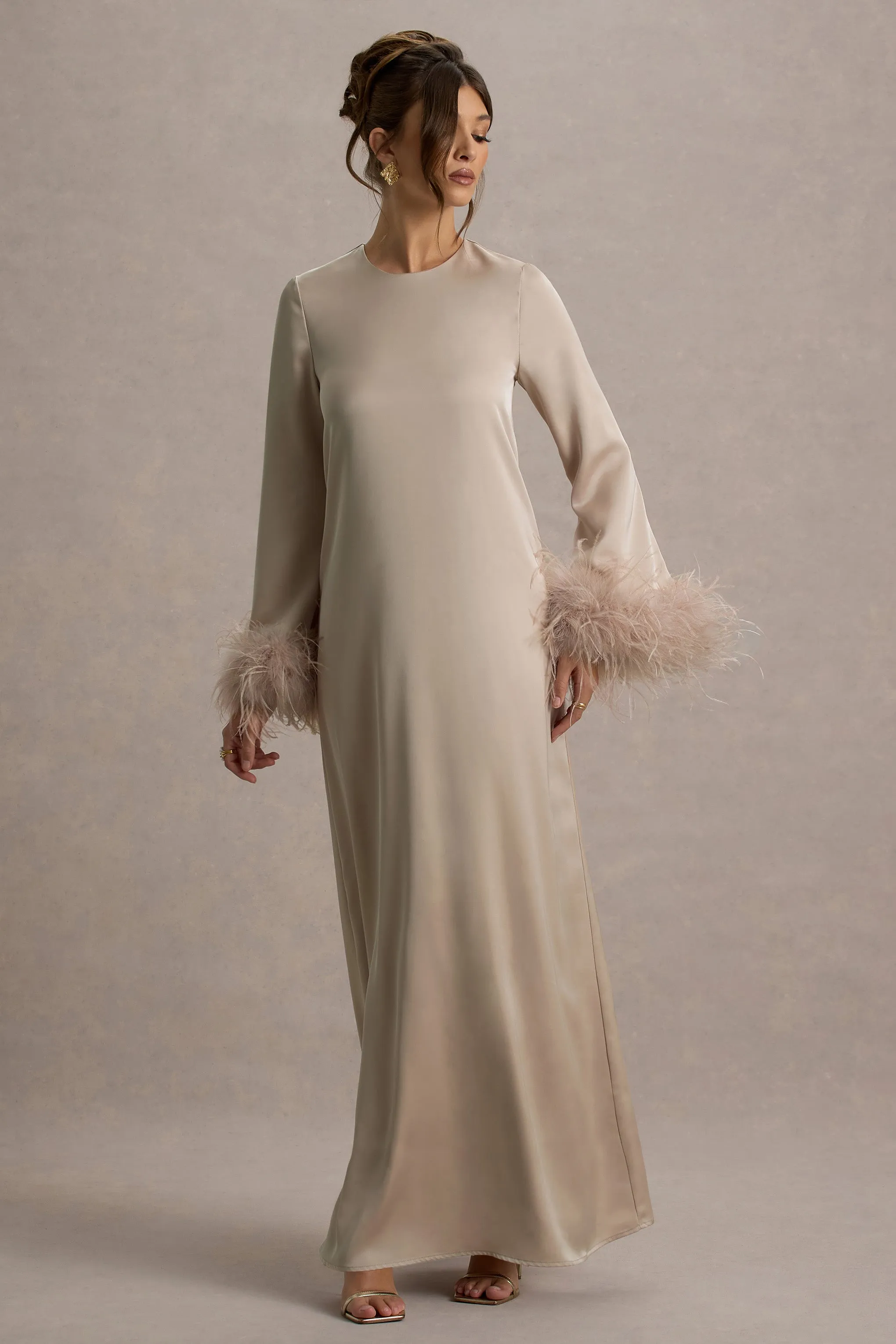 Adella | Champagne Satin Feather-Trim Maxi Dress Club L London