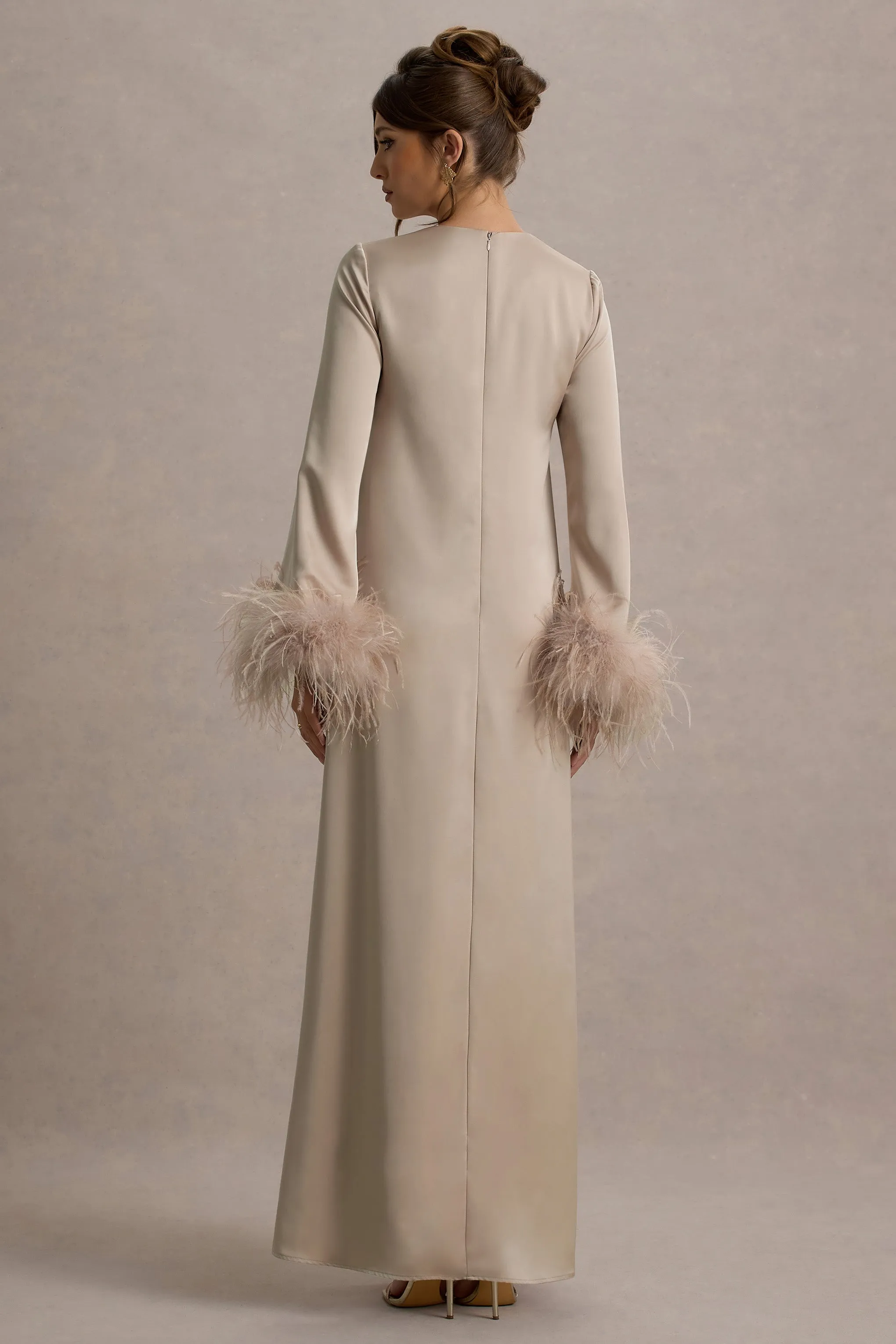 Adella | Champagne Satin Feather-Trim Maxi Dress Club L London