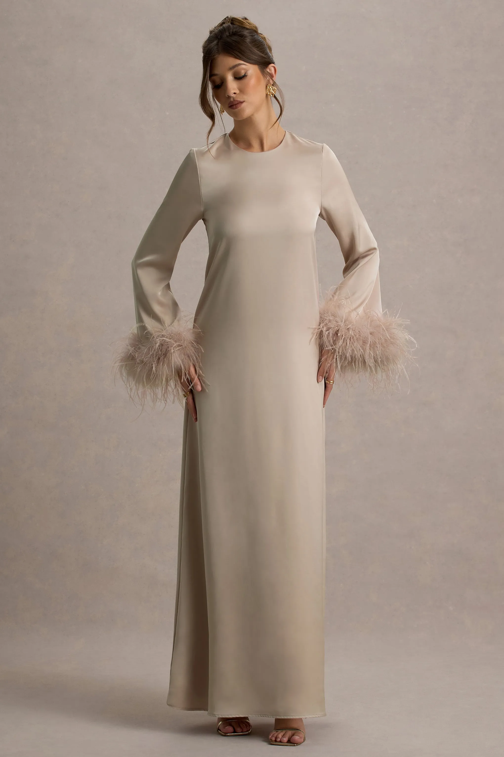 Adella | Champagne Satin Feather-Trim Maxi Dress Club L London