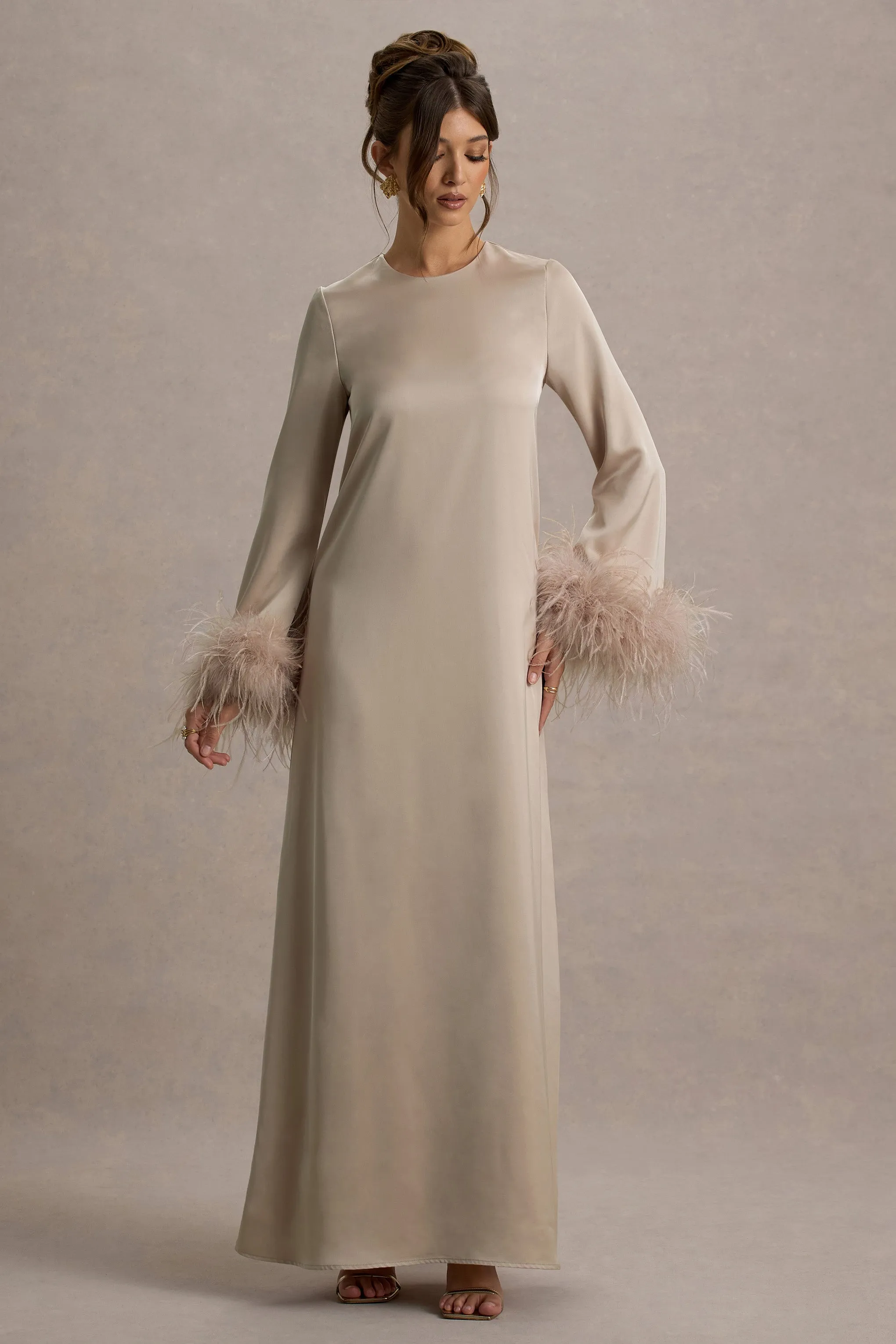 Adella | Champagne Satin Feather-Trim Maxi Dress Club L London