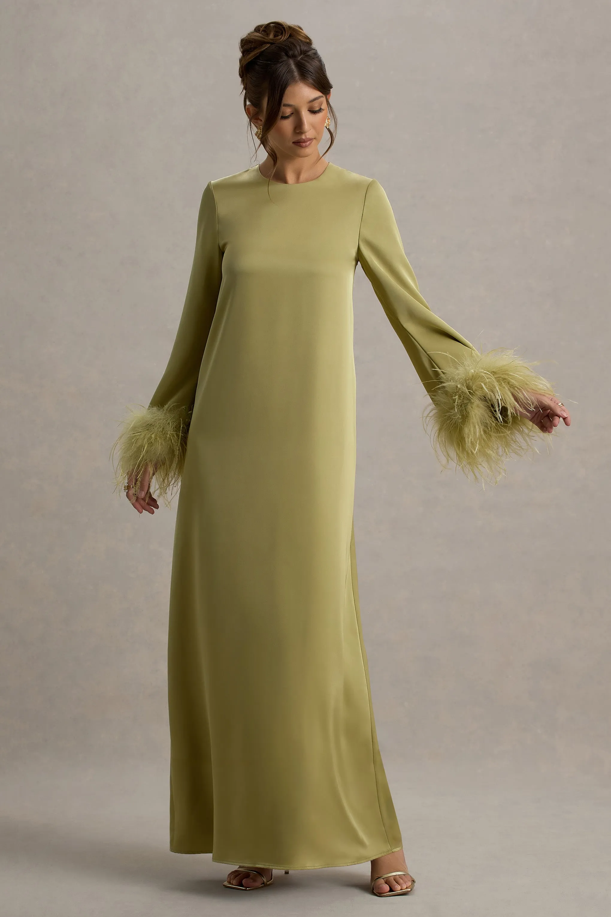 Adella | Light Green Satin Feather-Trim Maxi Dress Club L London