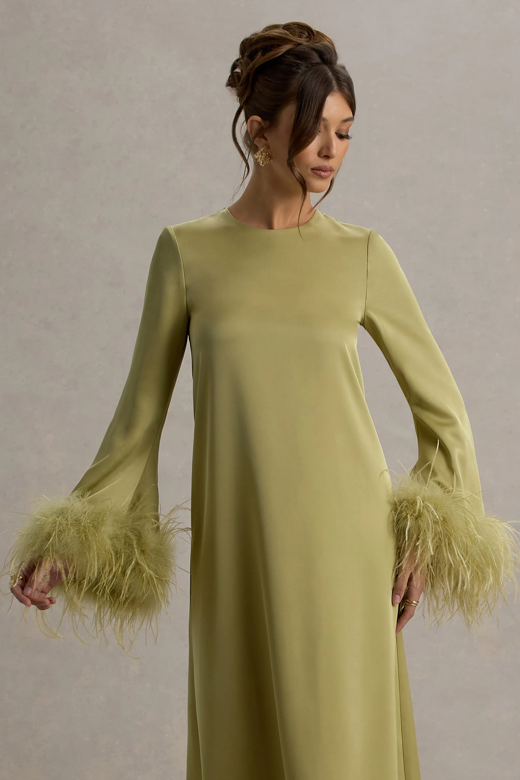 Adella | Light Green Satin Feather-Trim Maxi Dress Club L London