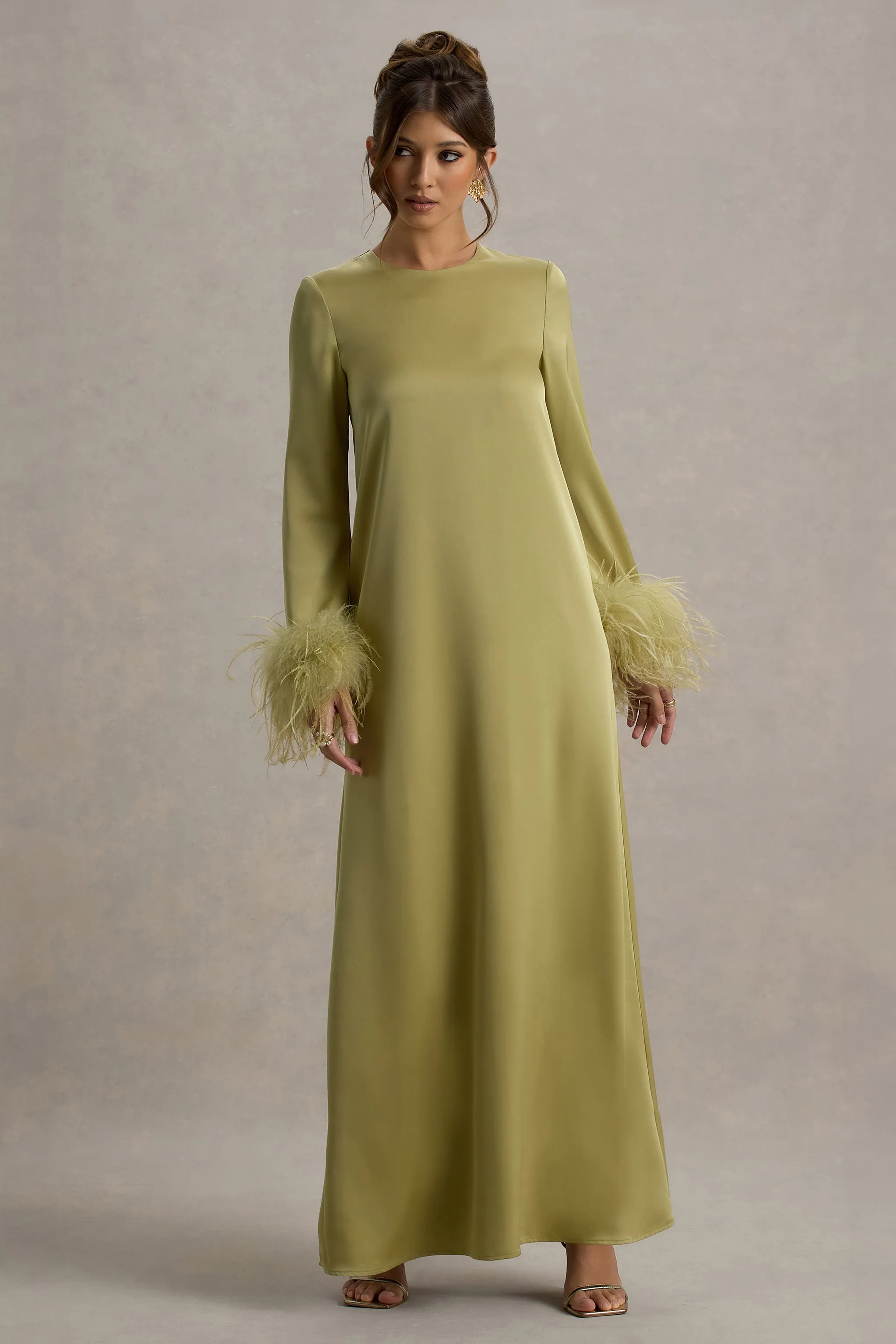 Adella | Light Green Satin Feather-Trim Maxi Dress Club L London