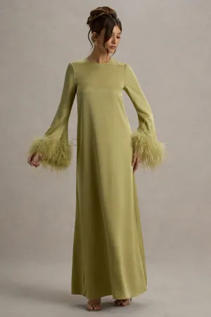 Adella | Light Green Satin Feather-Trim Maxi Dress Club L London