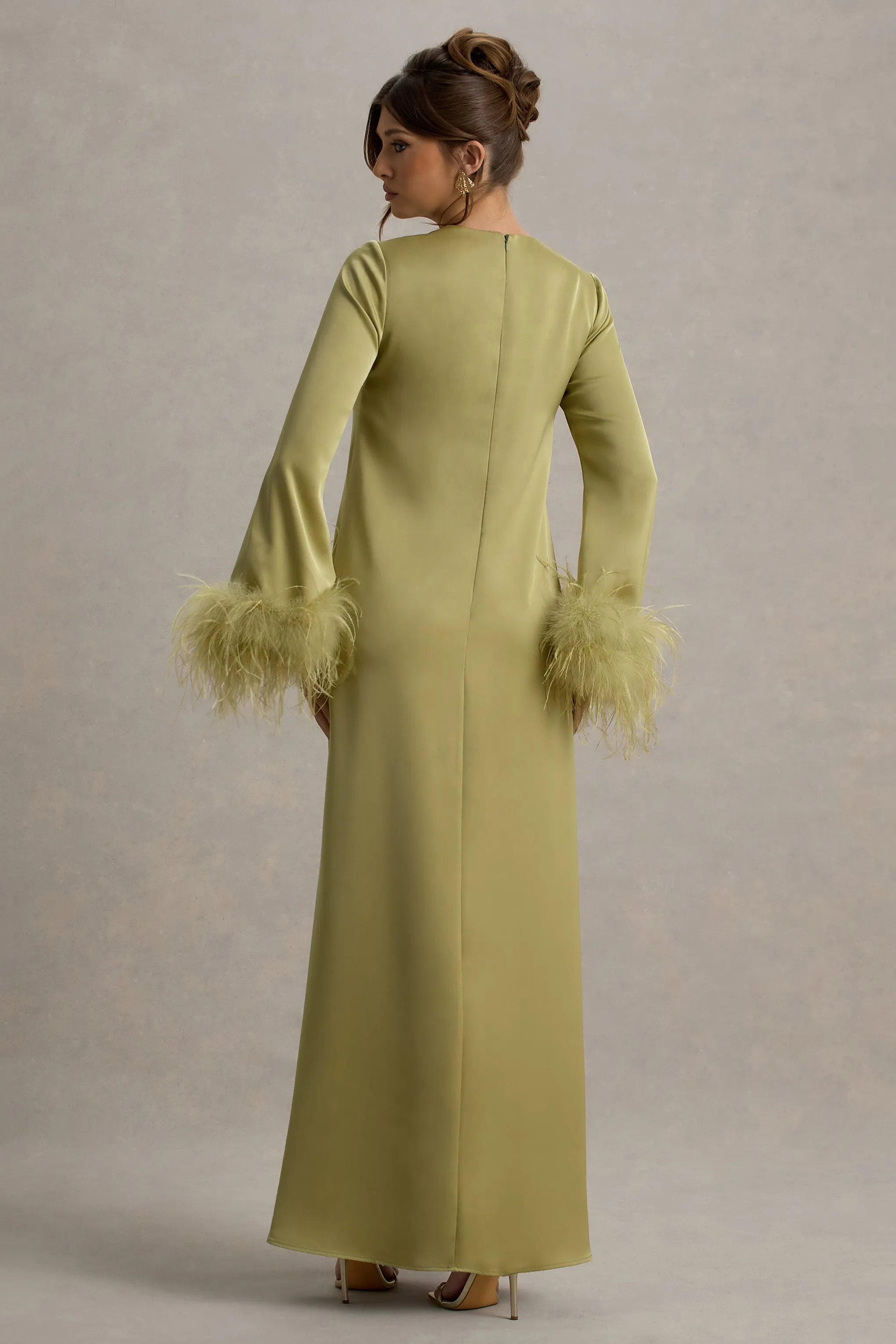 Adella | Light Green Satin Feather-Trim Maxi Dress Club L London