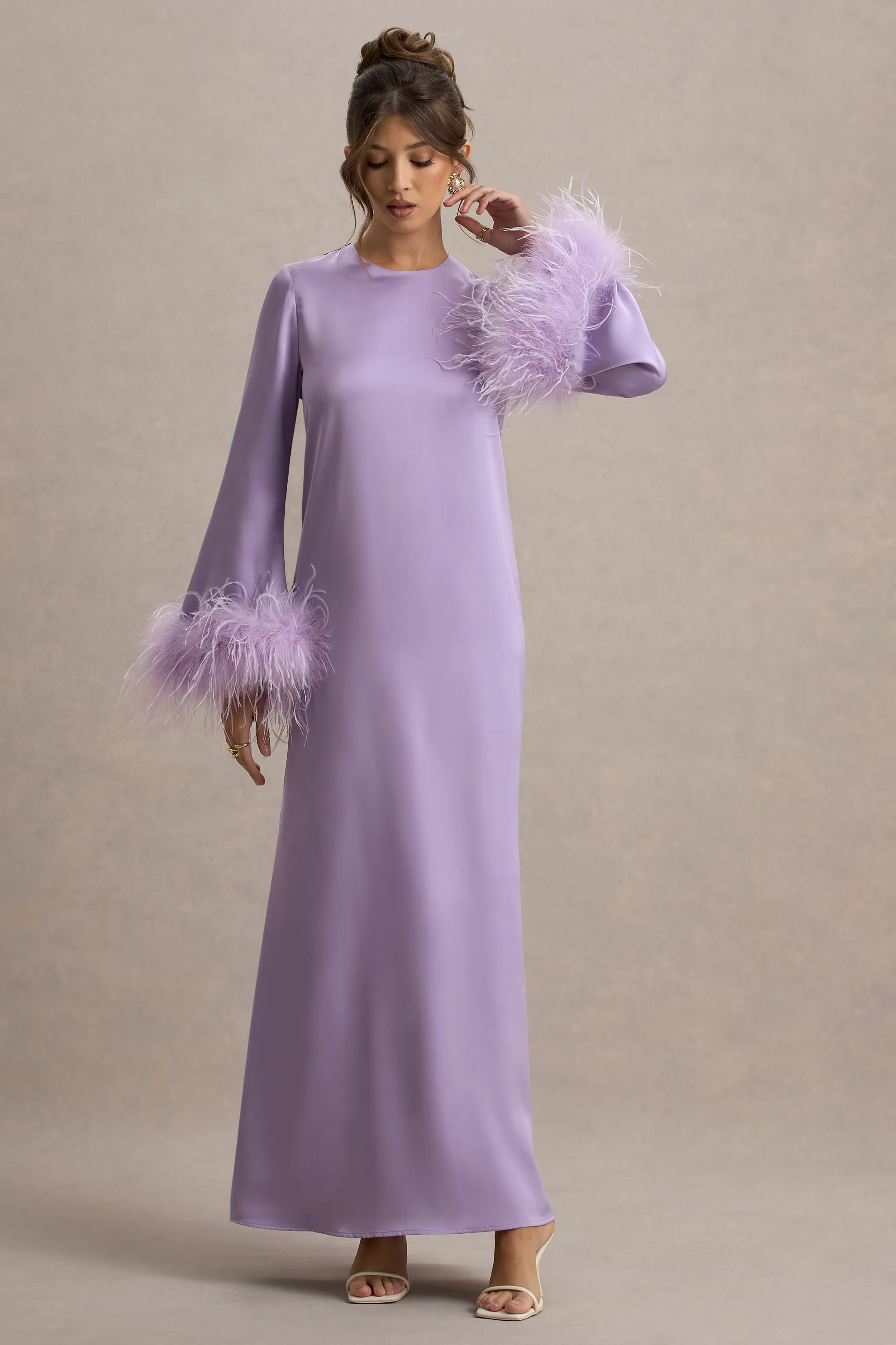 Adella | Lilac Satin Feather-Trim Maxi Dress Club L London