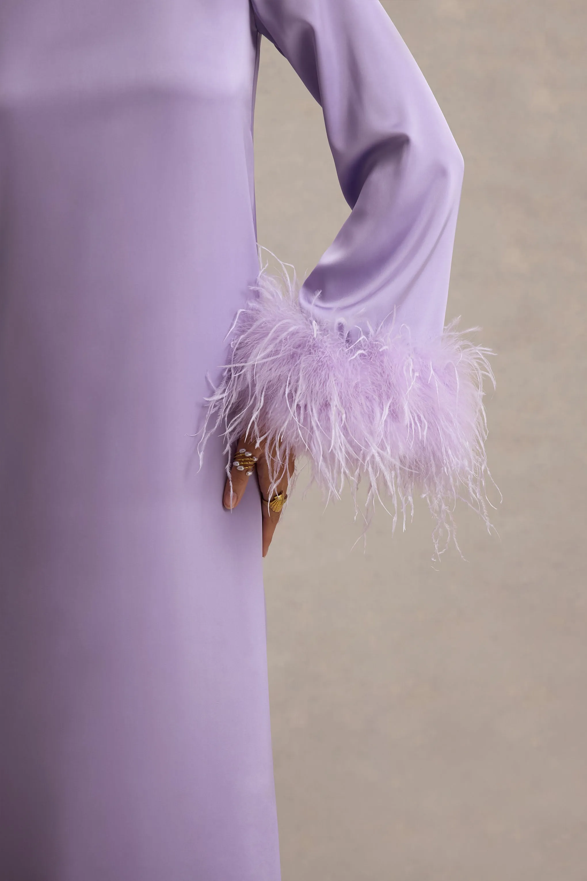 Adella | Lilac Satin Feather-Trim Maxi Dress Club L London
