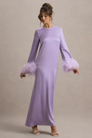 Adella | Lilac Satin Feather-Trim Maxi Dress Club L London