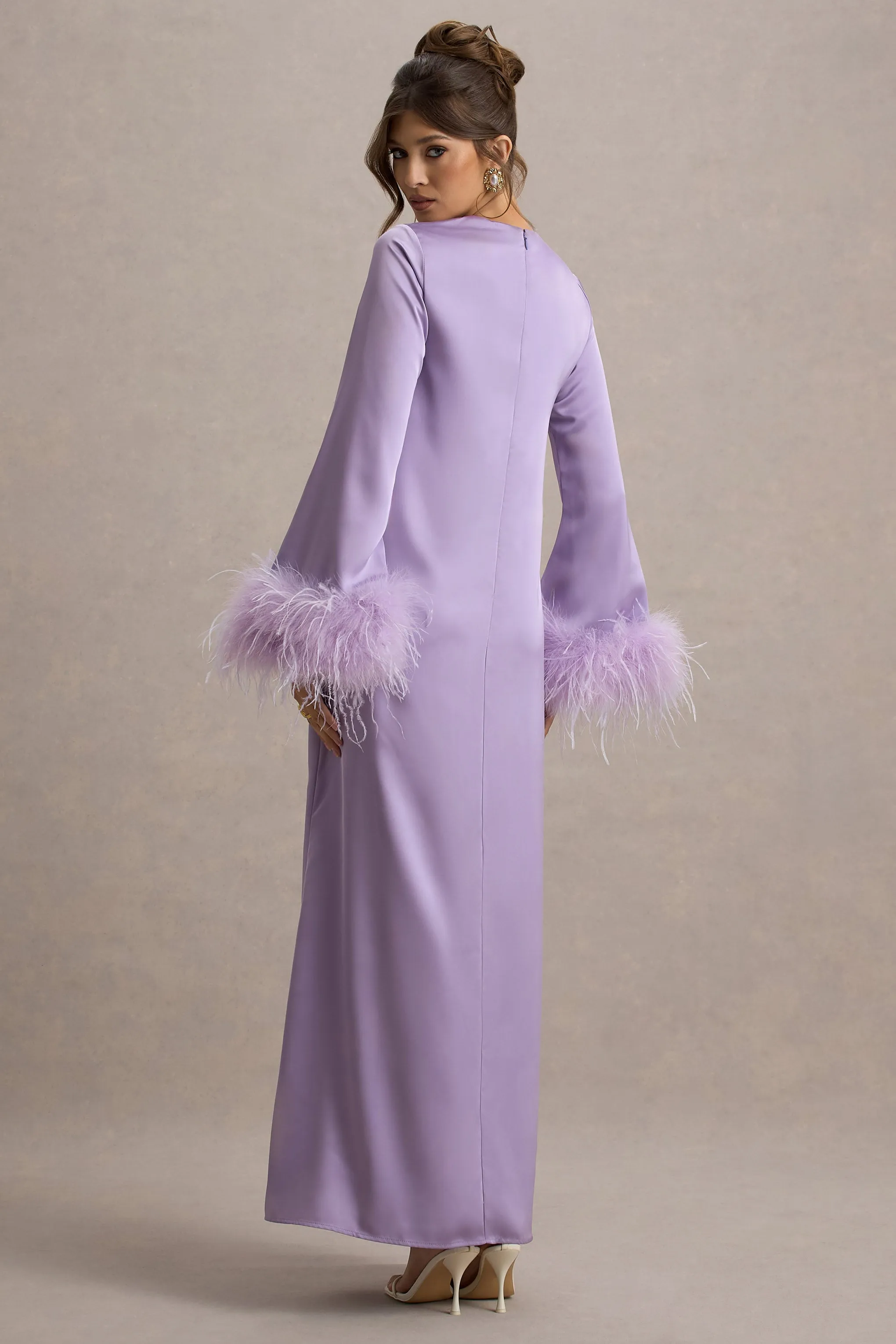 Adella | Lilac Satin Feather-Trim Maxi Dress Club L London