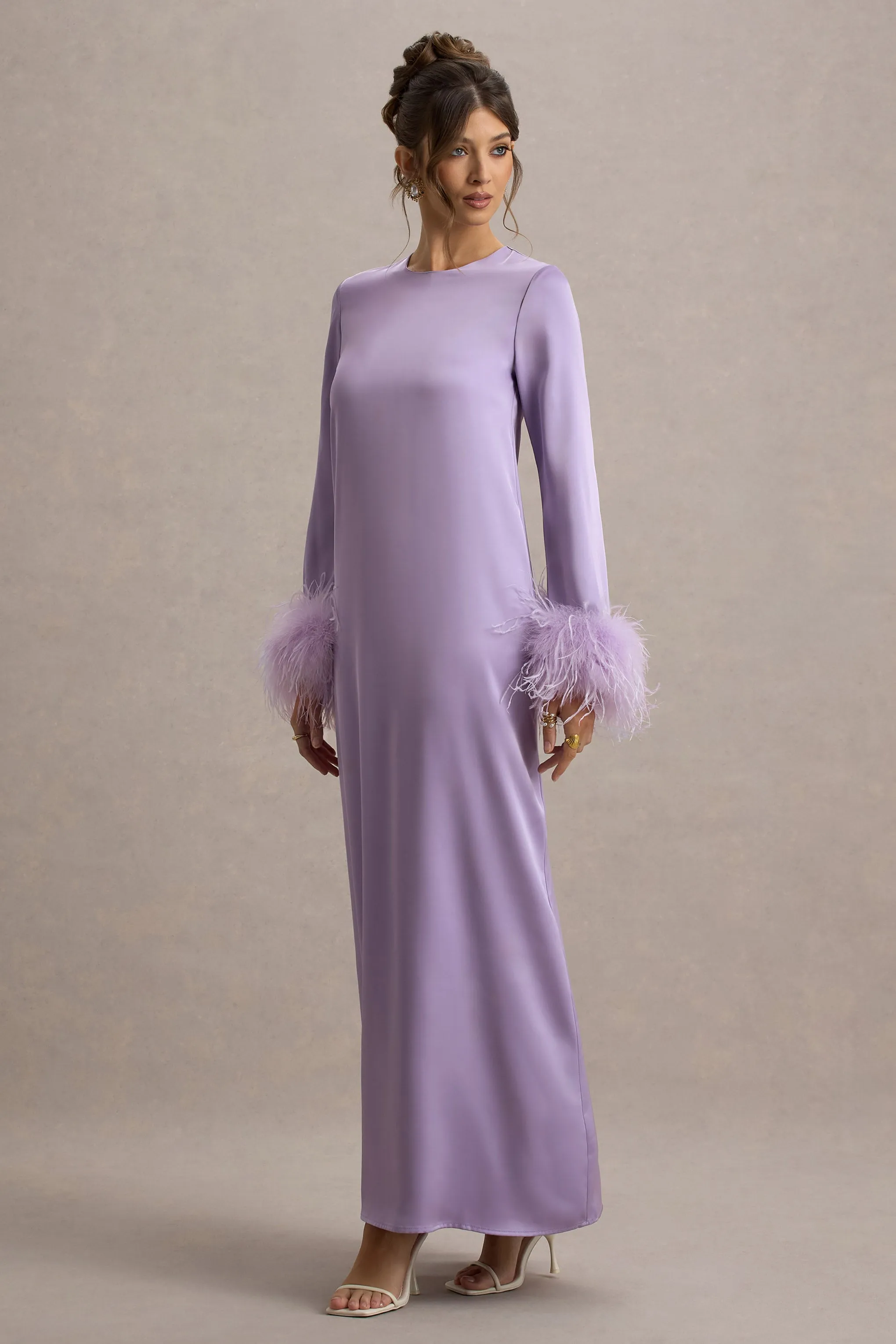 Adella | Lilac Satin Feather-Trim Maxi Dress Club L London