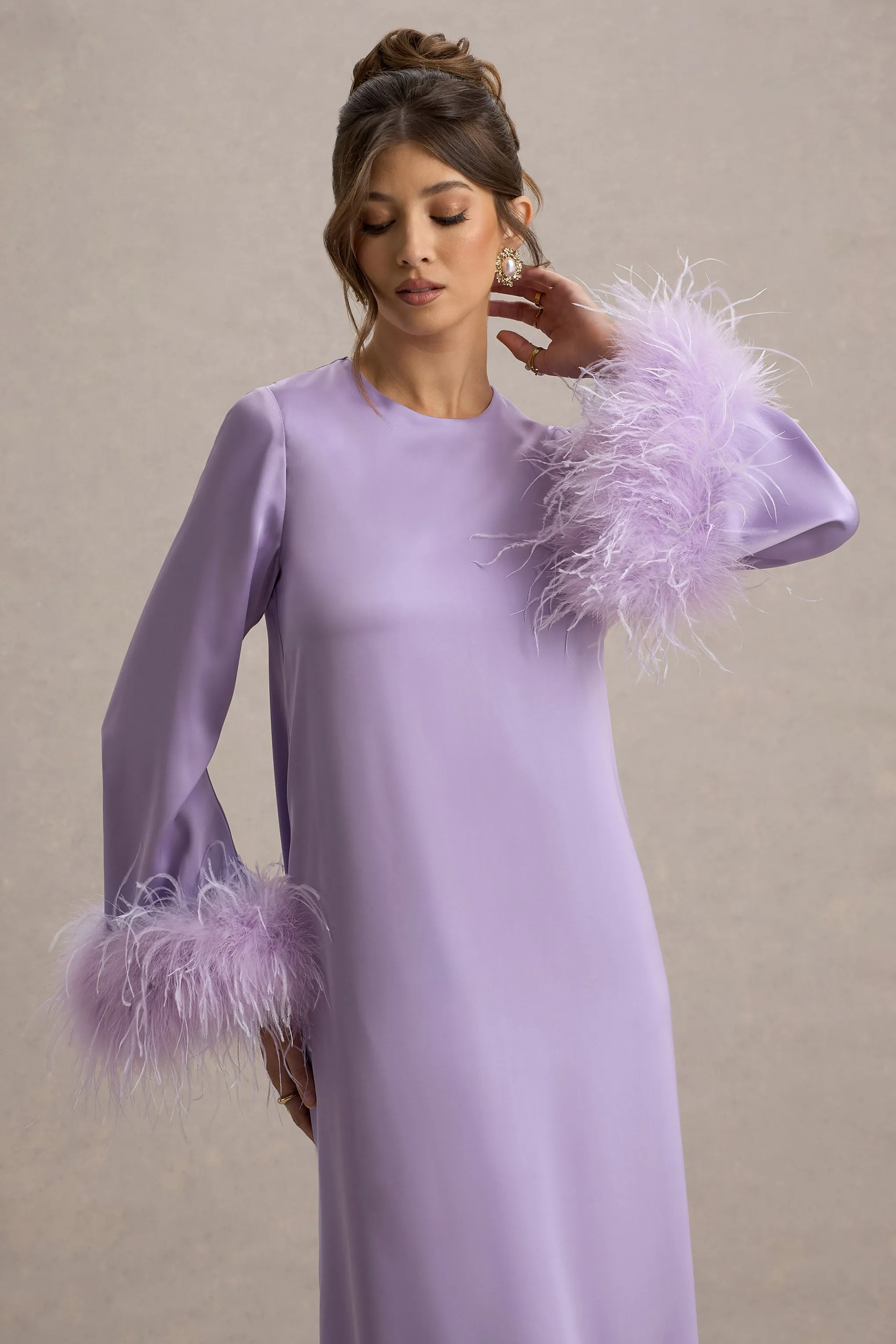 Adella | Lilac Satin Feather-Trim Maxi Dress Club L London