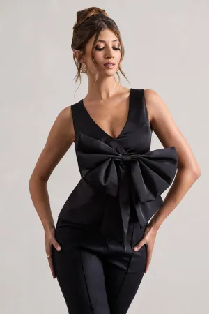Adoration | Black Satin Plunge-Neck Top With Bow Club L London