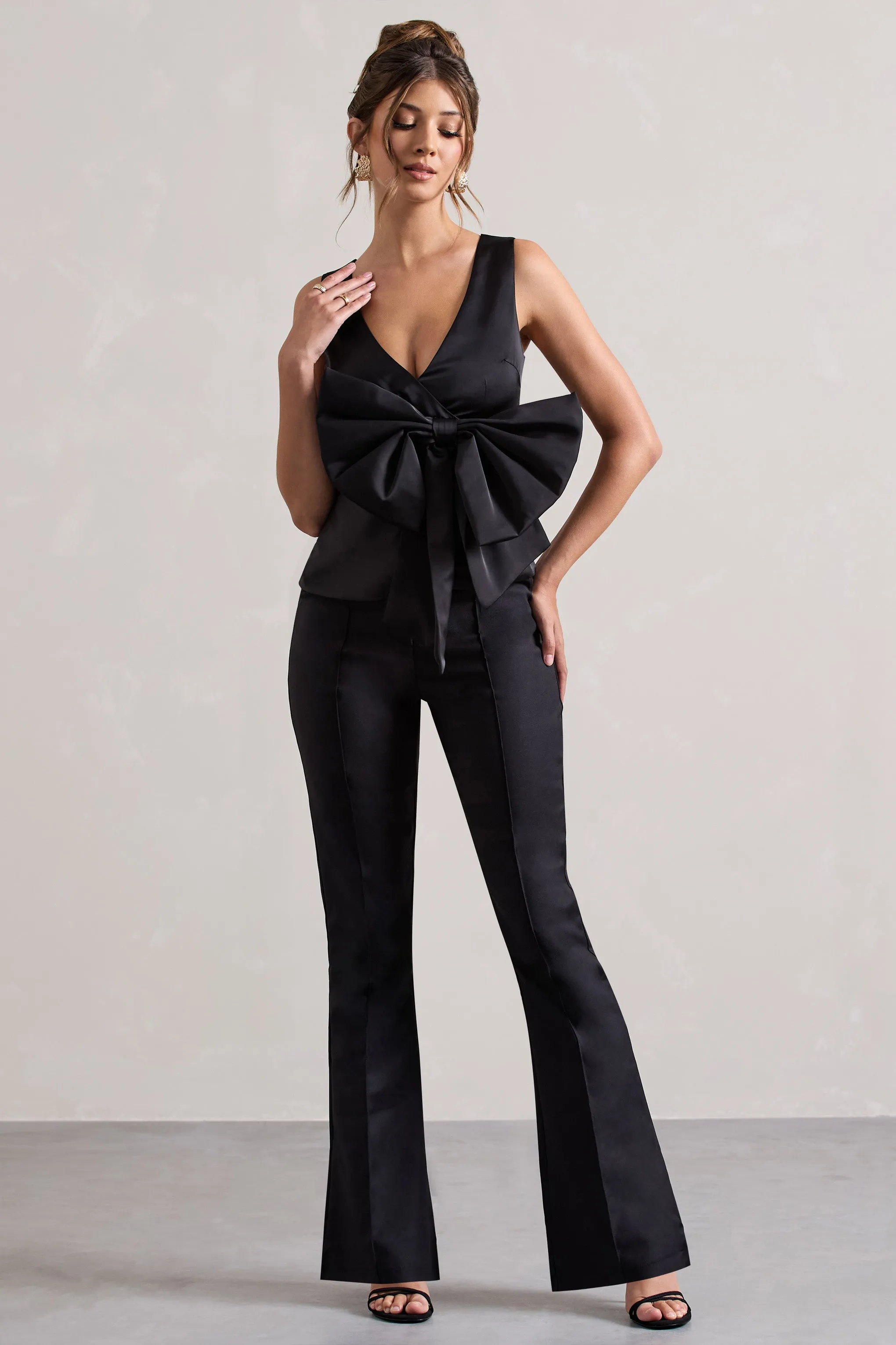 Adoration | Black Satin Plunge-Neck Top With Bow Club L London