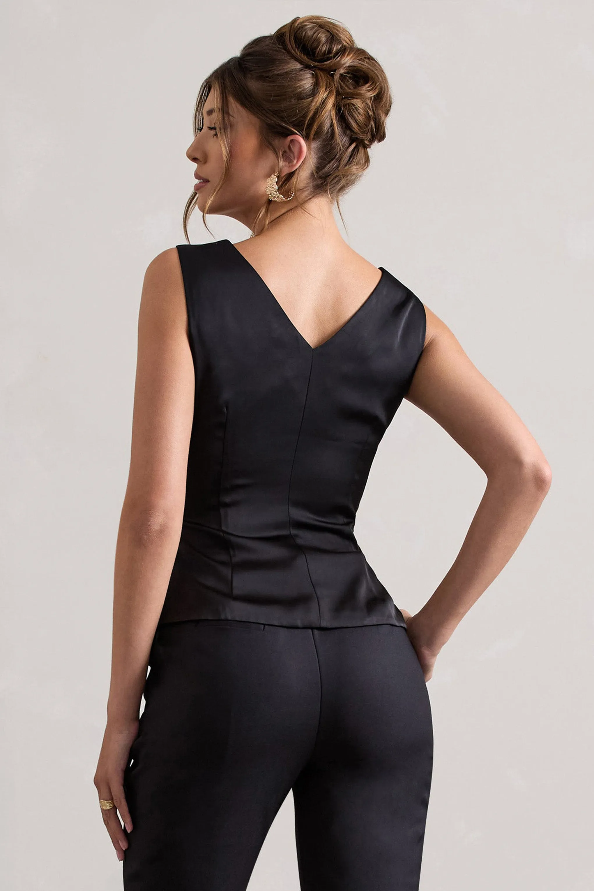 Adoration | Black Satin Plunge-Neck Top With Bow Club L London