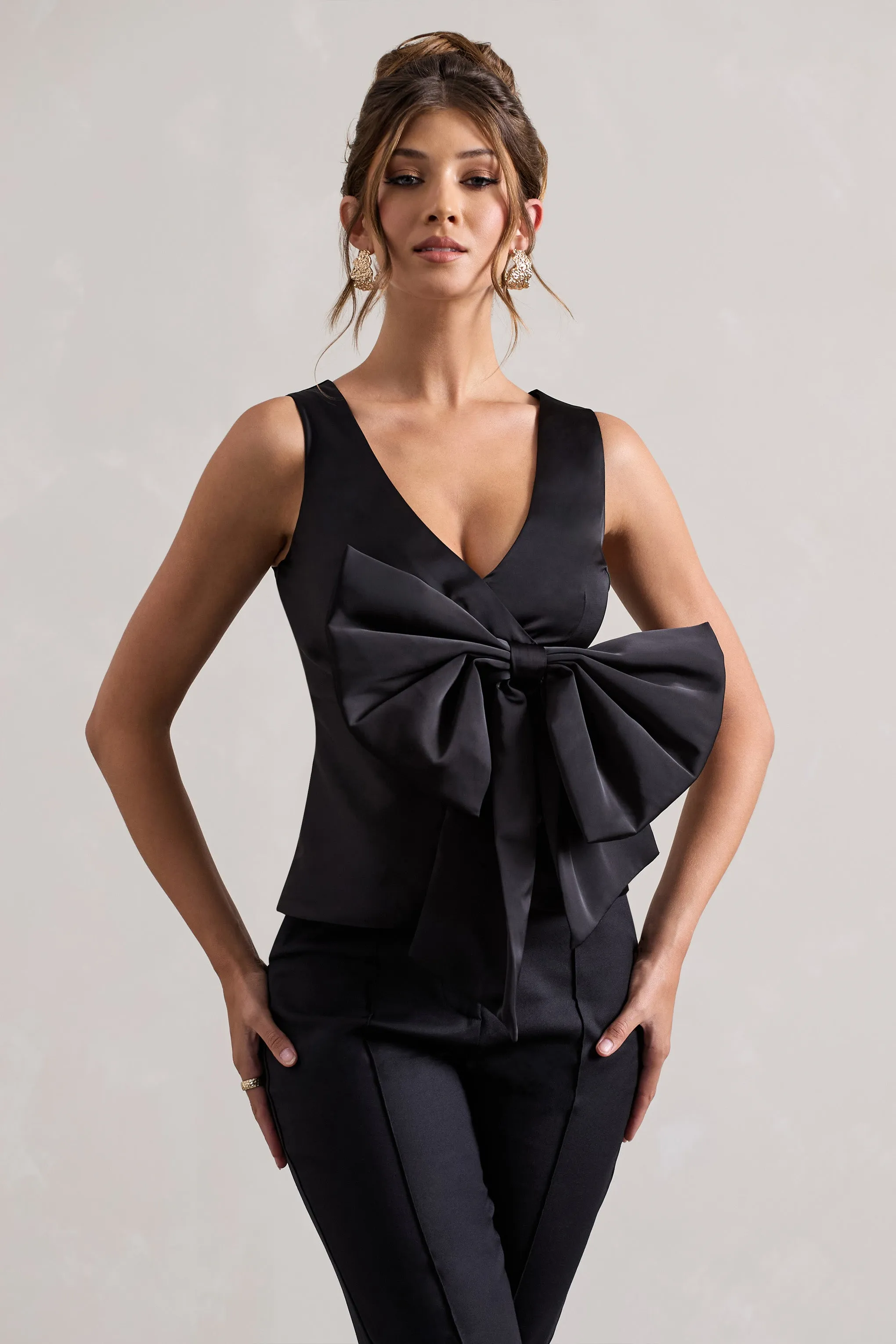 Adoration | Black Satin Plunge-Neck Top With Bow Club L London