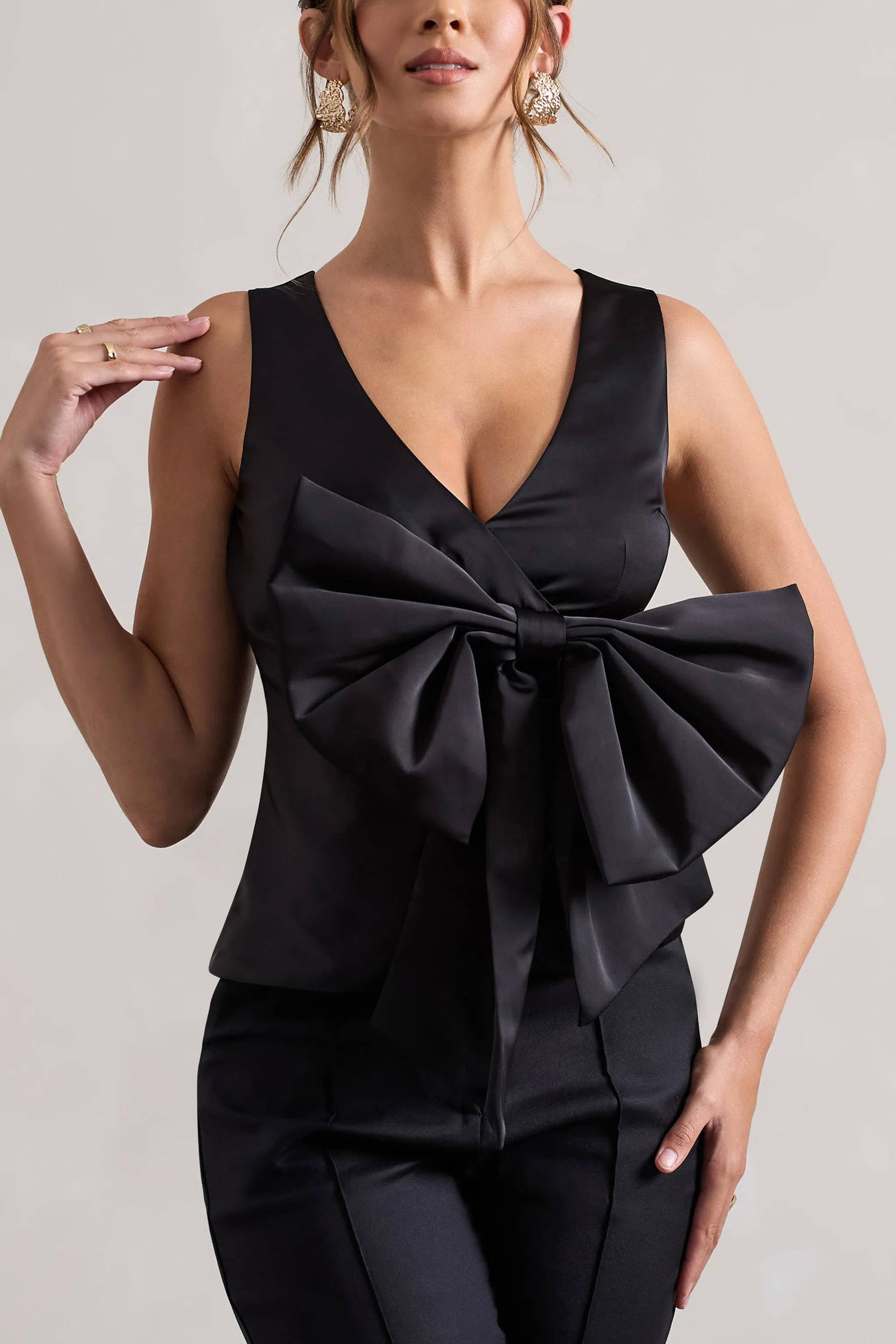 Adoration | Black Satin Plunge-Neck Top With Bow Club L London