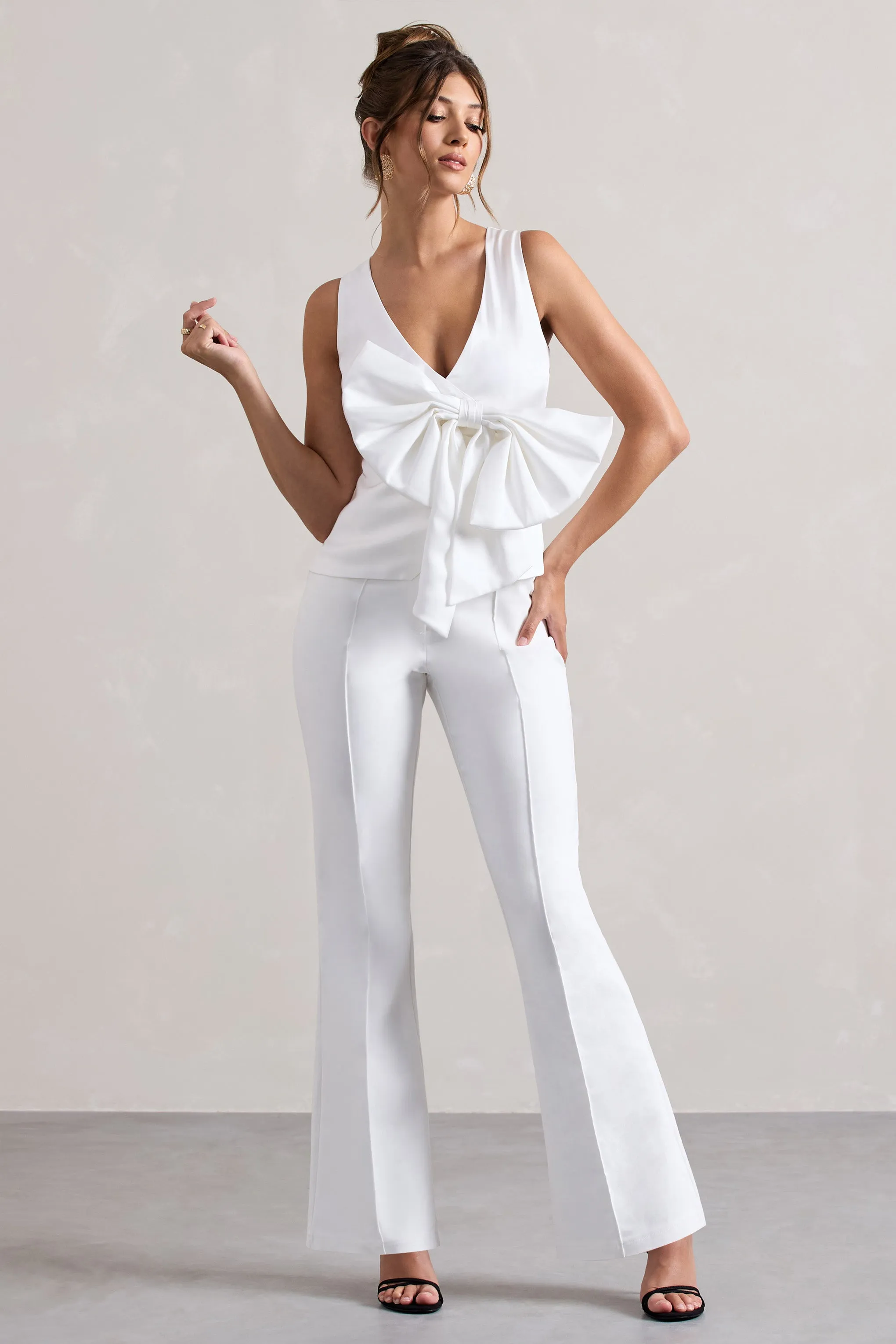Adoration | Cream Satin Plunge-Neck Top With Bow Club L London