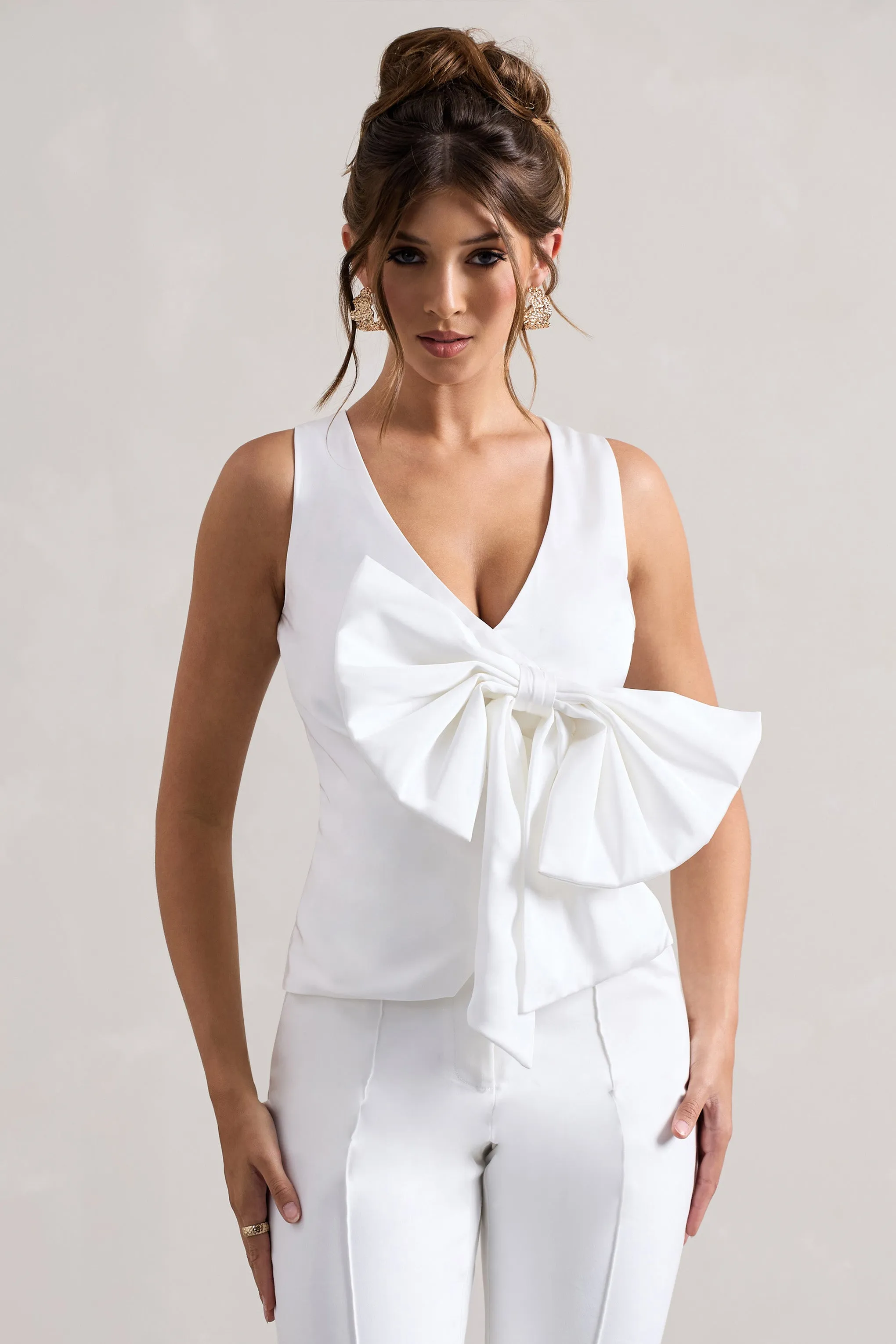 Adoration | Cream Satin Plunge-Neck Top With Bow Club L London