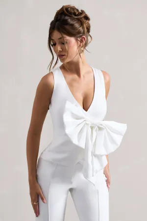 Adoration | Cream Satin Plunge-Neck Top With Bow Club L London